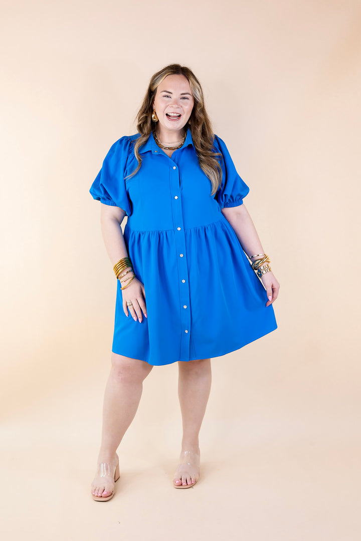 Adventures Ahead Button Up Babydoll Dress in Bright Blue - Giddy Up Glamour Boutique