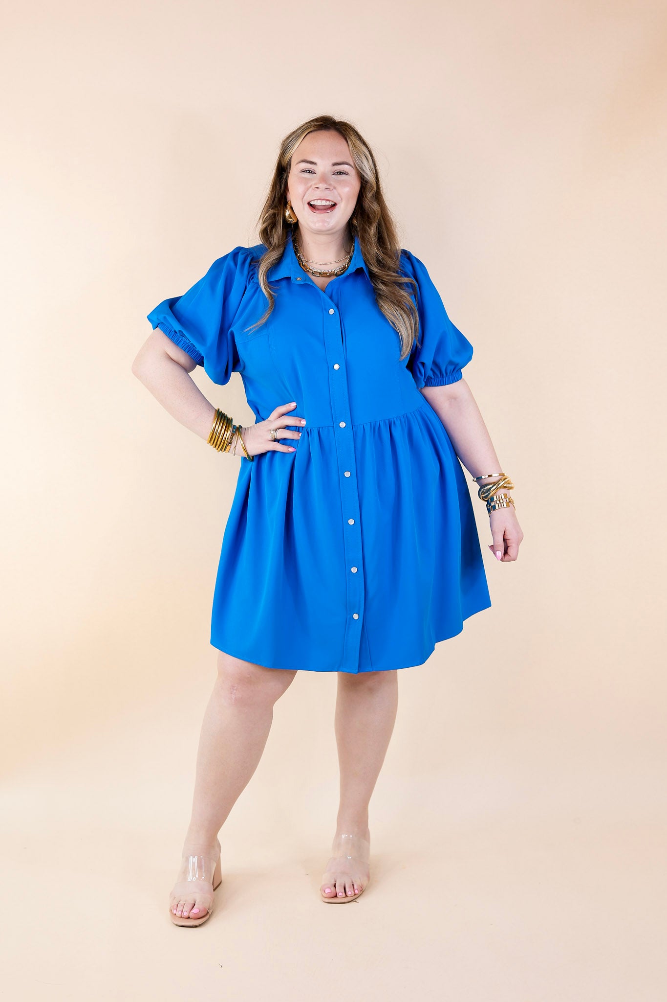 Adventures Ahead Button Up Babydoll Dress in Bright Blue - Giddy Up Glamour Boutique
