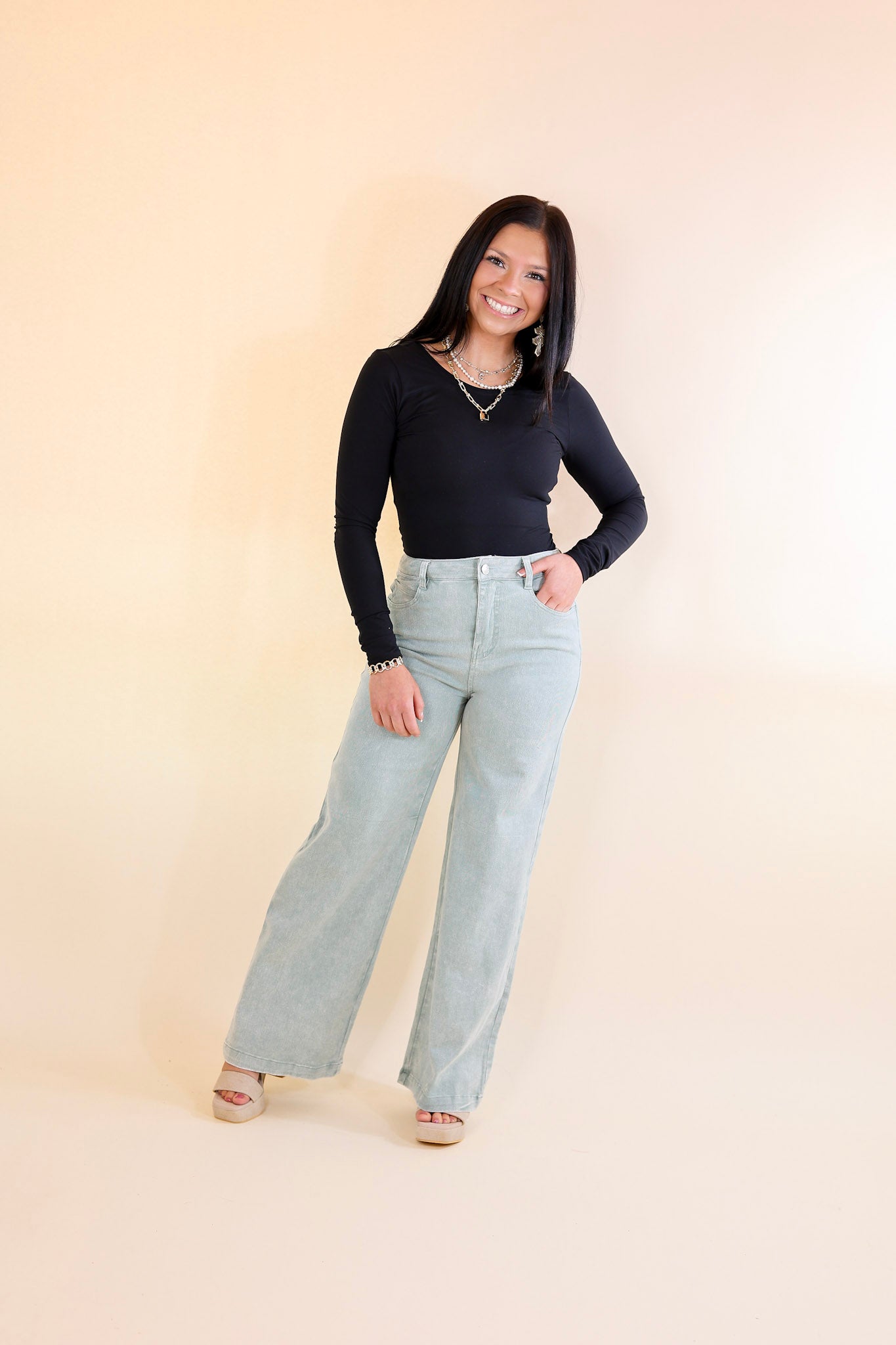 The Best Cropped Wide Leg Jeans in Seafoam Green - Giddy Up Glamour Boutique