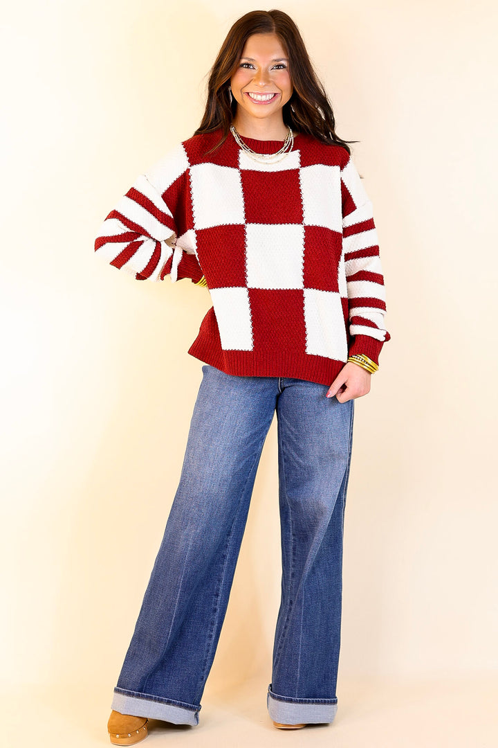 Split Decision Dual Patterned Long Sleeve Sweater in Maroon