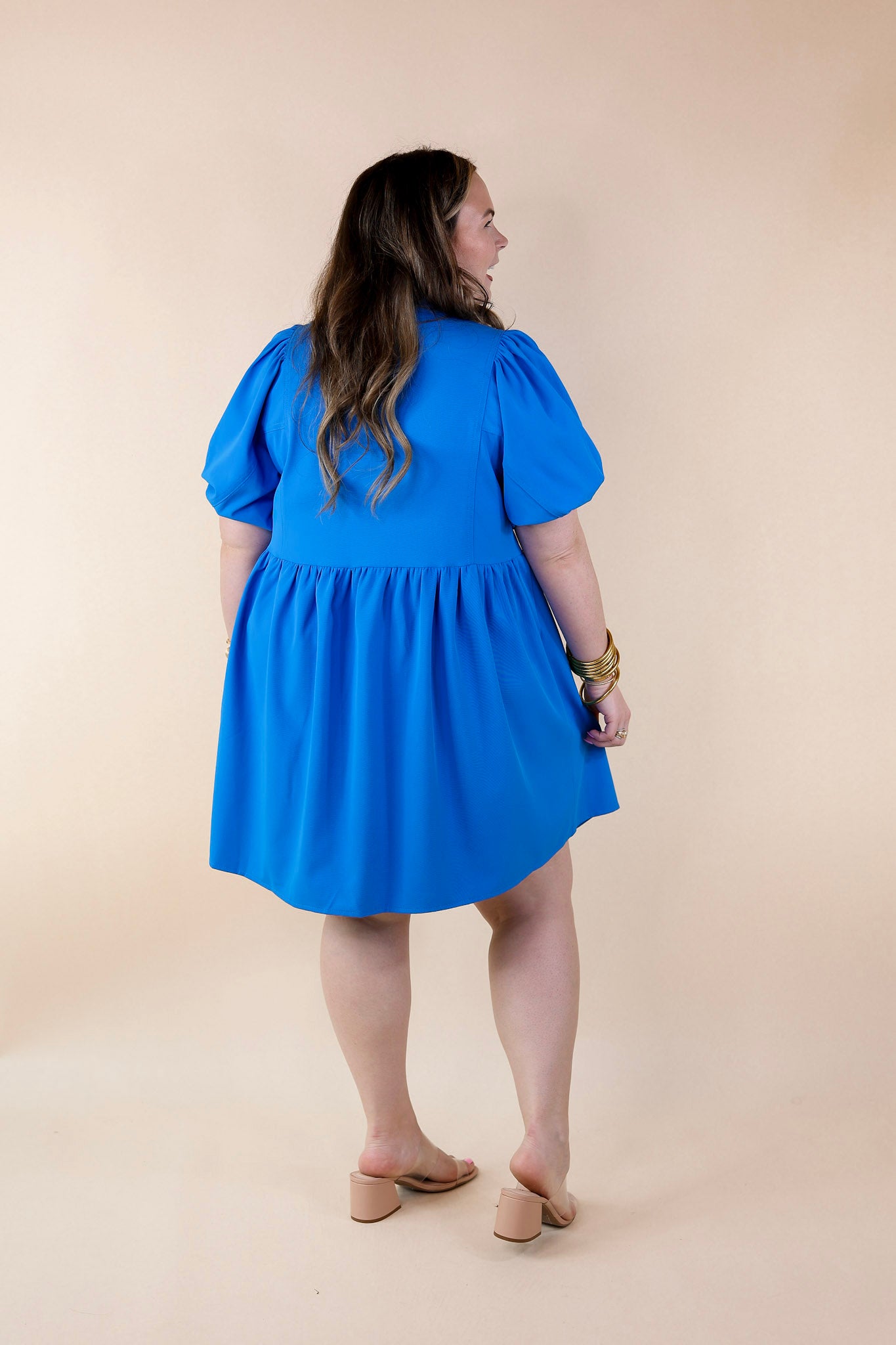 Adventures Ahead Button Up Babydoll Dress in Bright Blue - Giddy Up Glamour Boutique