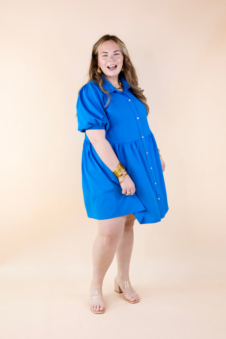 Adventures Ahead Button Up Babydoll Dress in Bright Blue - Giddy Up Glamour Boutique