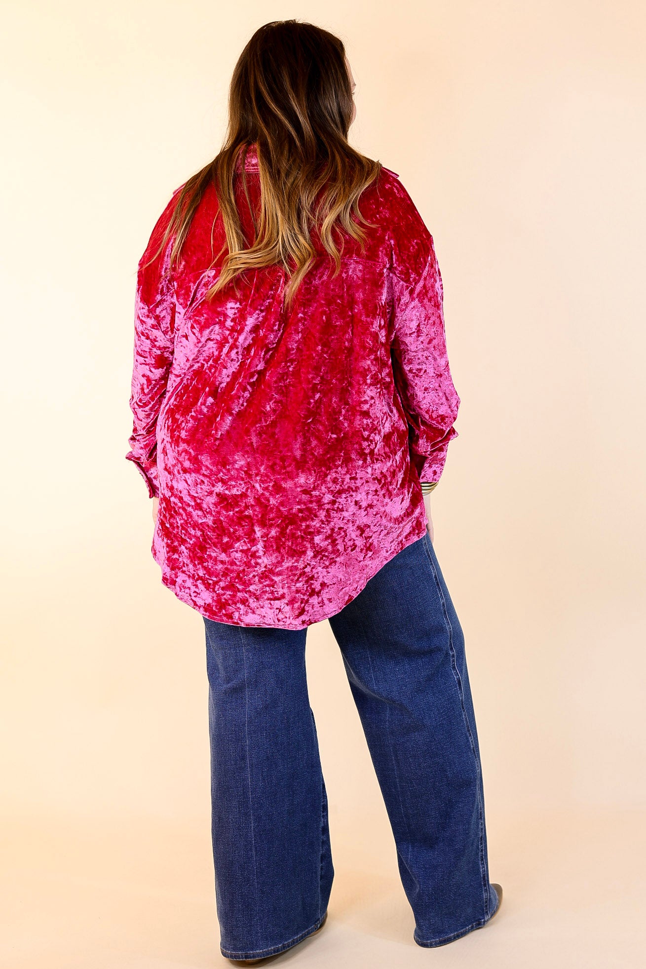 Frosted Glow Velvet Long Sleeve Button Up Top in Magenta Pink