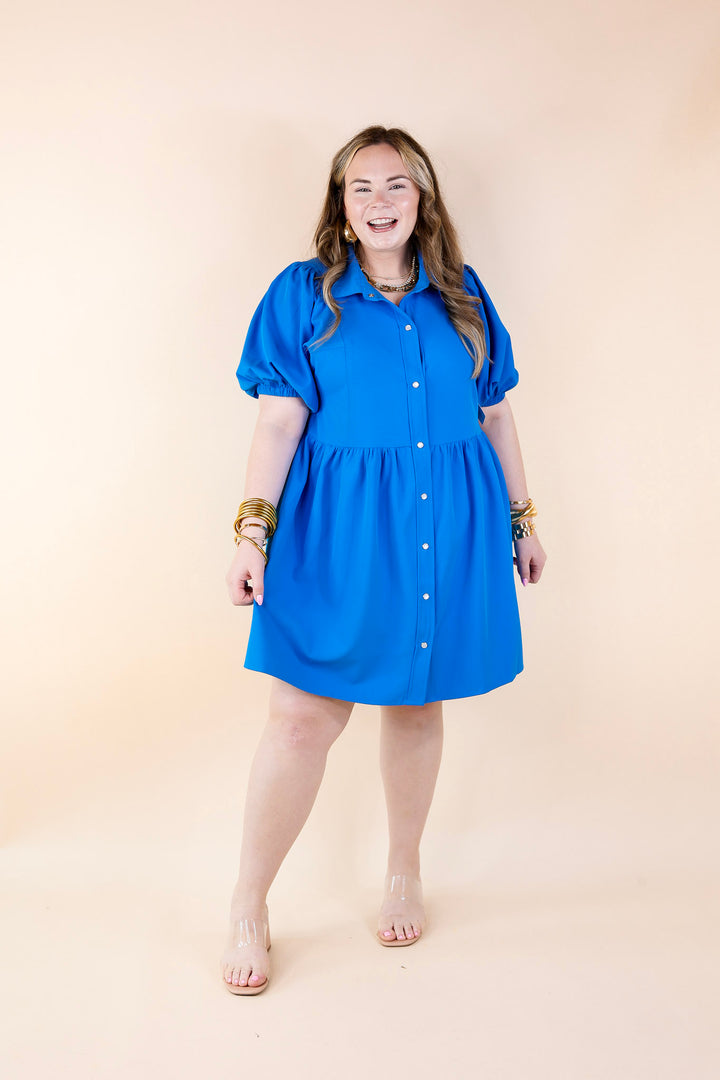 Adventures Ahead Button Up Babydoll Dress in Bright Blue - Giddy Up Glamour Boutique