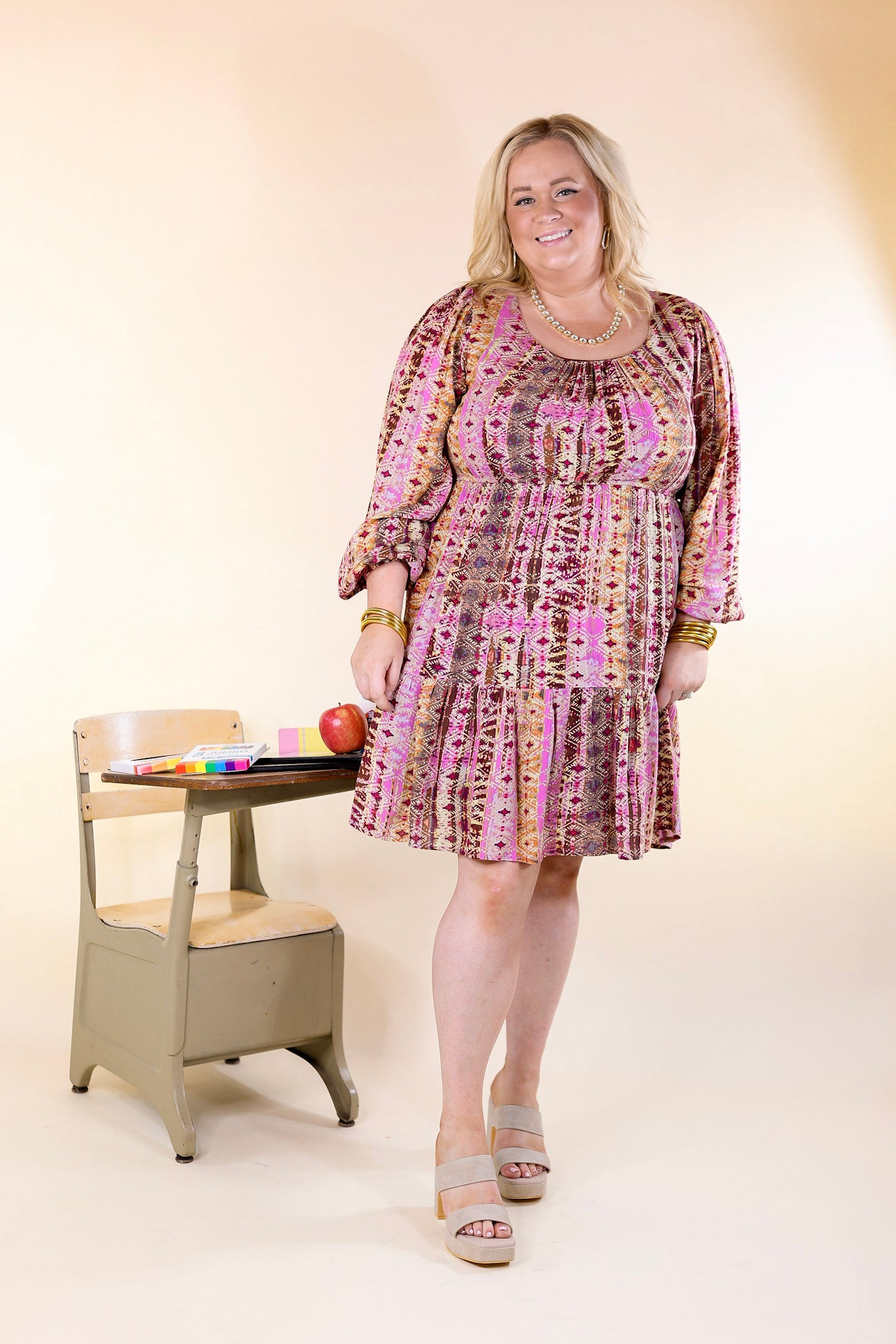 Sweetest Anticipation Long Sleeve Dress with Tiered Hem in Brown Multi