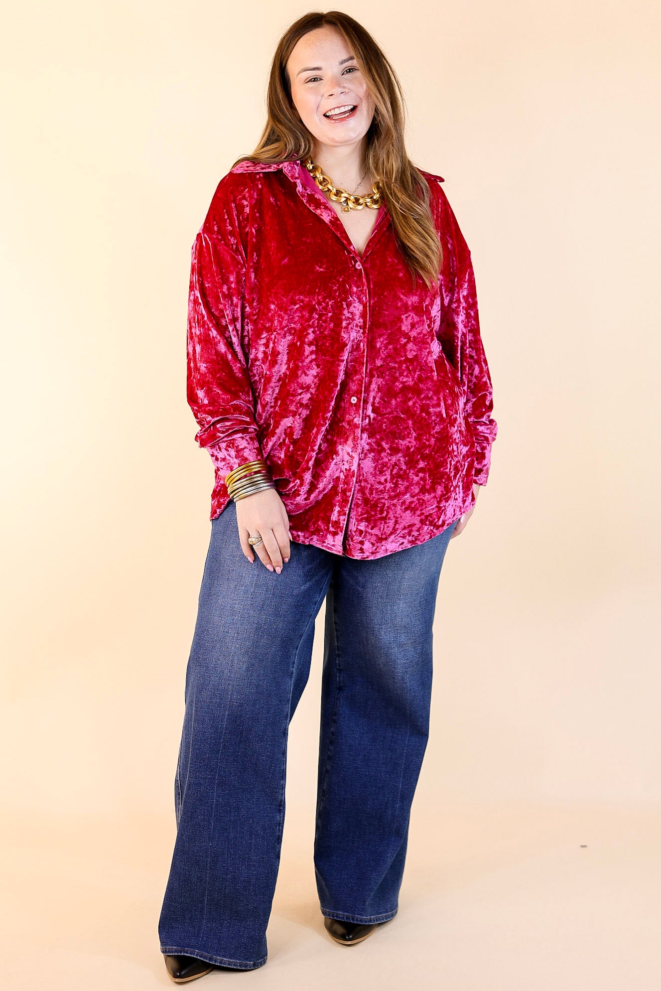 Frosted Glow Velvet Long Sleeve Button Up Top in Magenta Pink