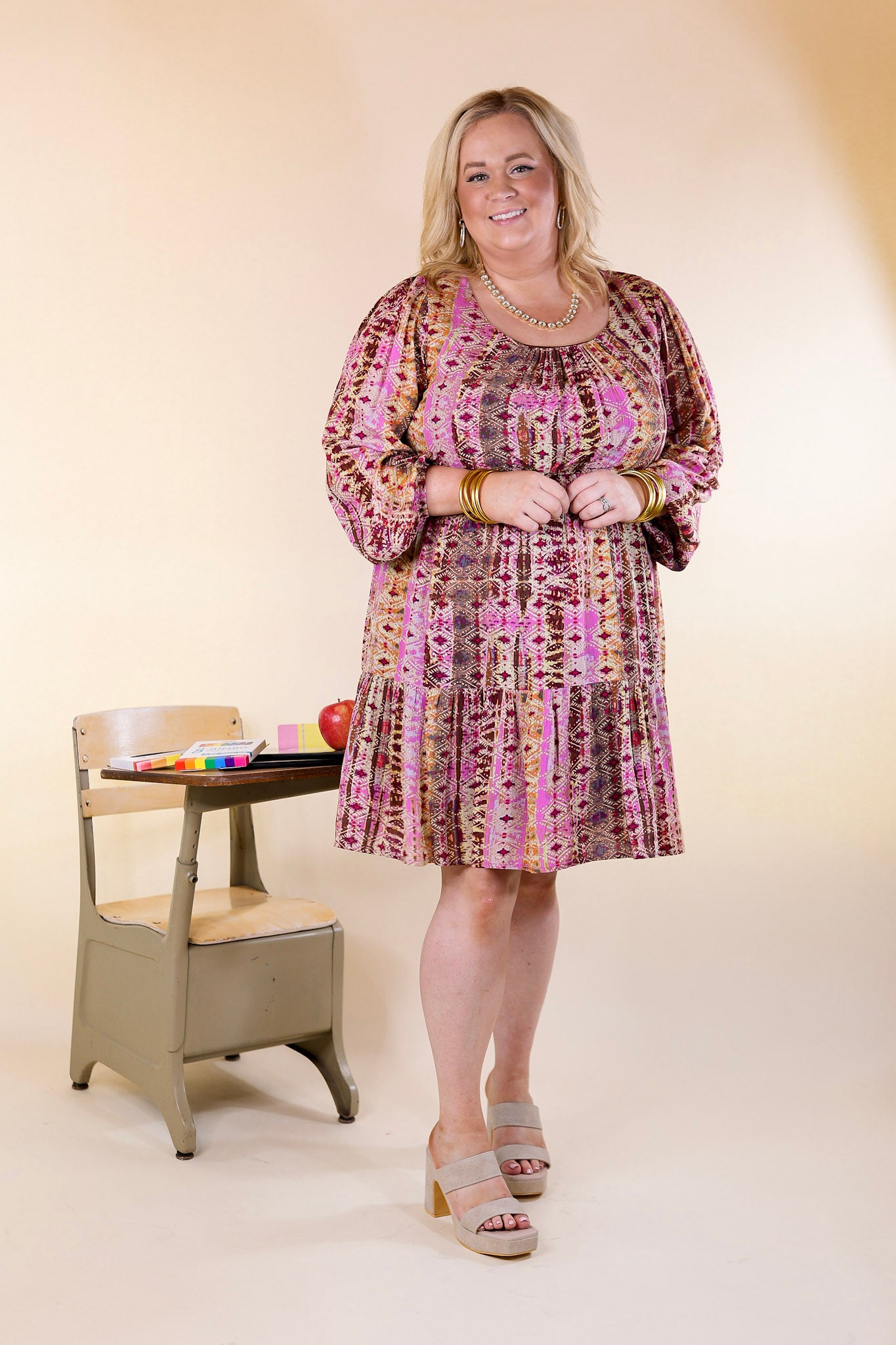 Sweetest Anticipation Long Sleeve Dress with Tiered Hem in Brown Multi