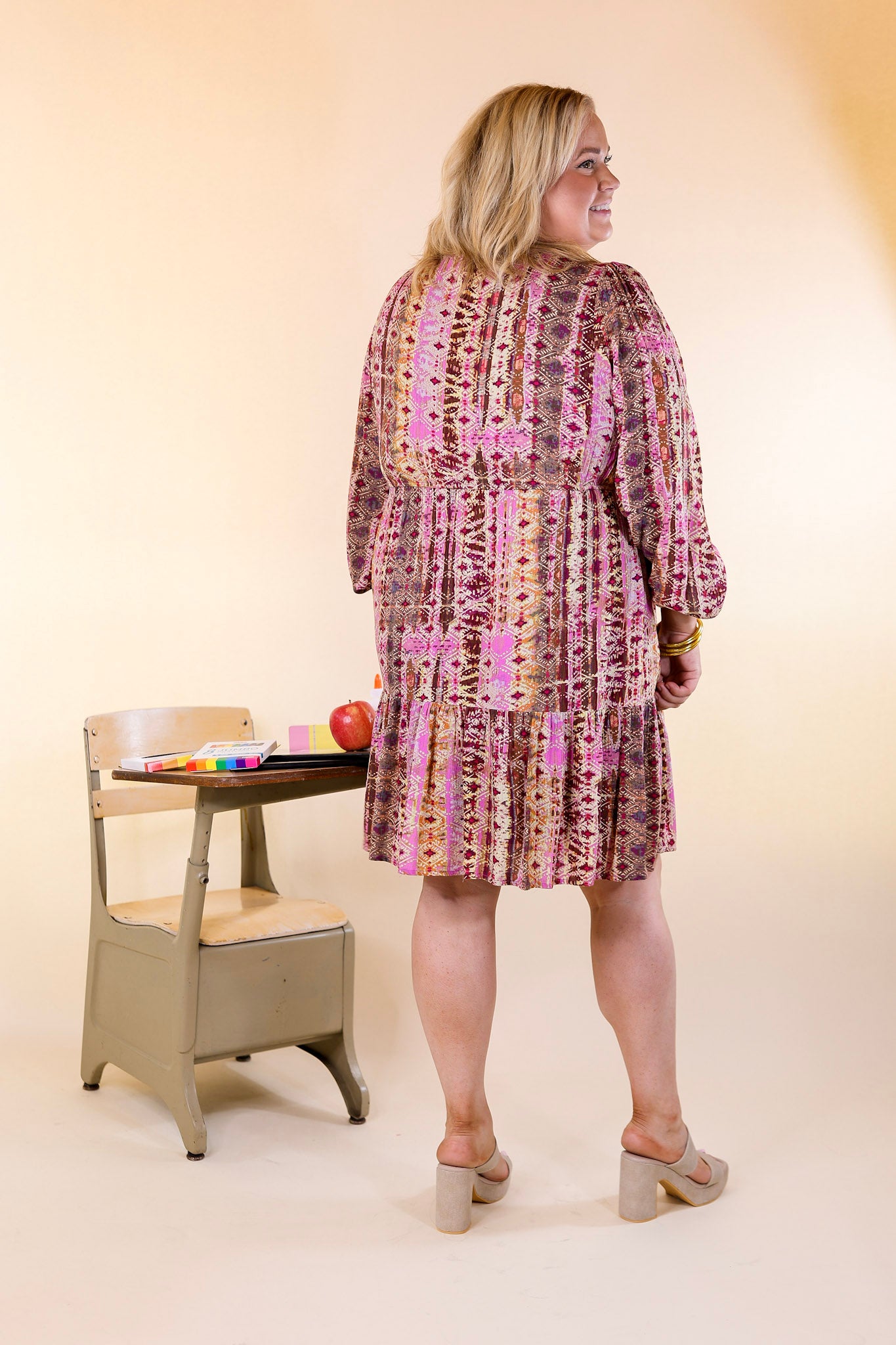 Sweetest Anticipation Long Sleeve Dress with Tiered Hem in Brown Multi