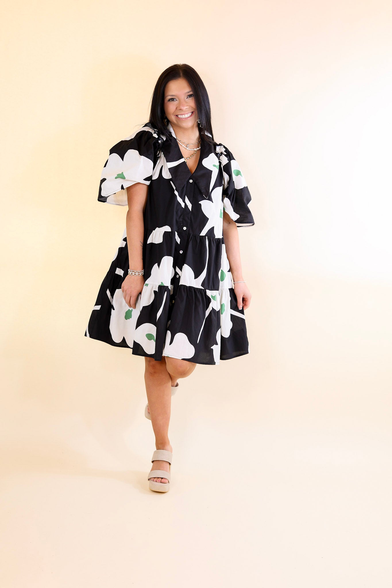 Dreamy Delight Floral Print Button Down Dress with Puff Sleeves in Black - Giddy Up Glamour Boutique
