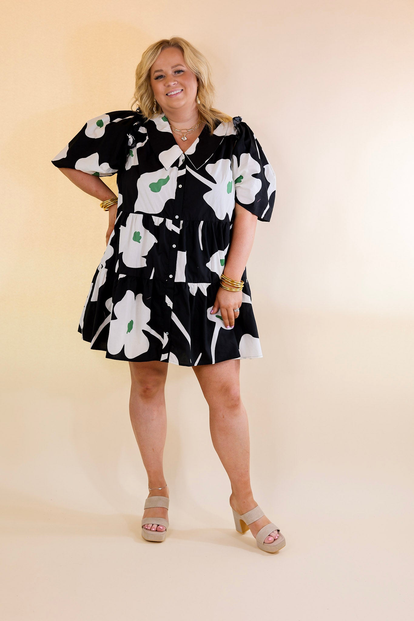 Dreamy Delight Floral Print Button Down Dress with Puff Sleeves in Black - Giddy Up Glamour Boutique