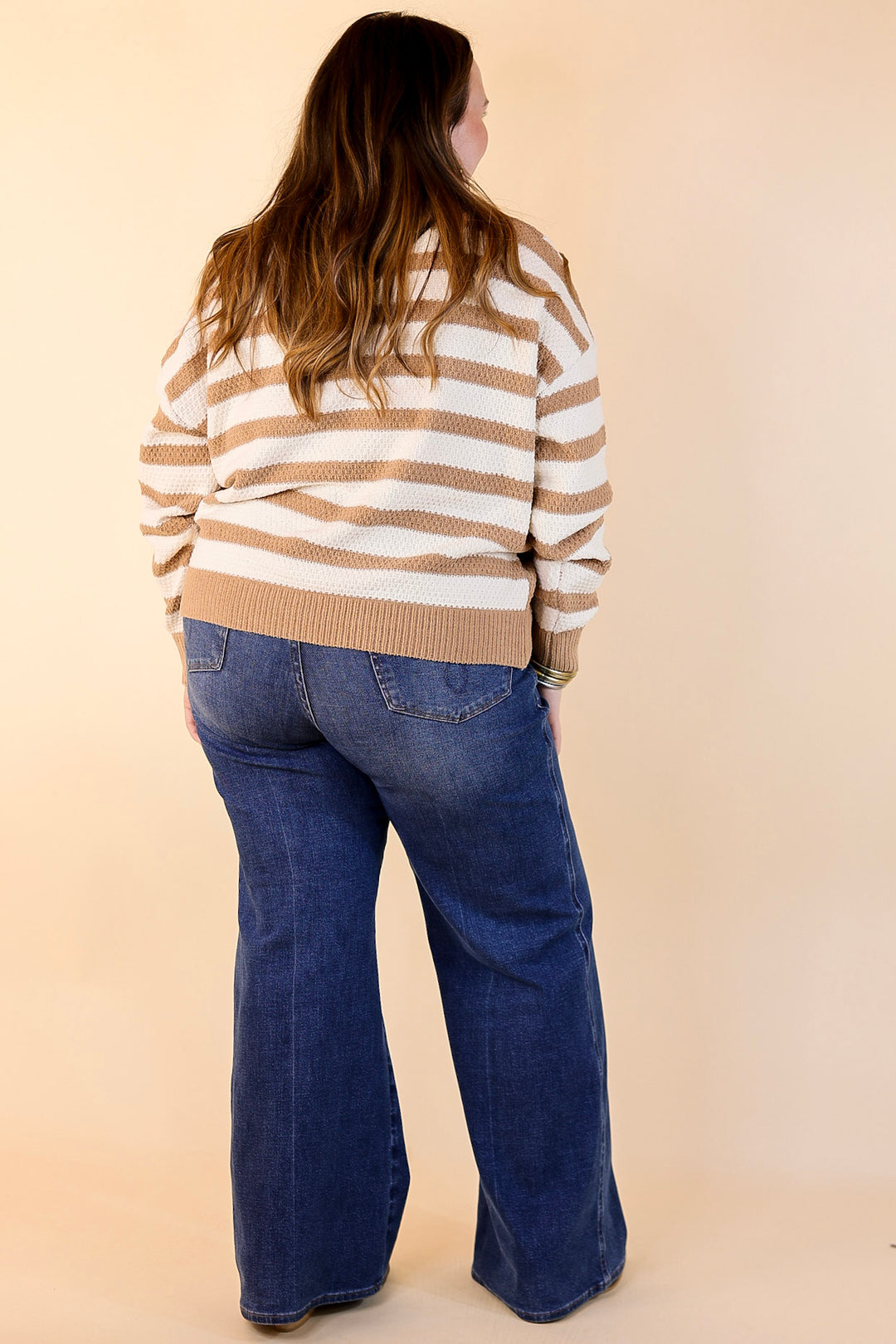 Split Decision Dual Patterned Long Sleeve Sweater in Mocha Brown