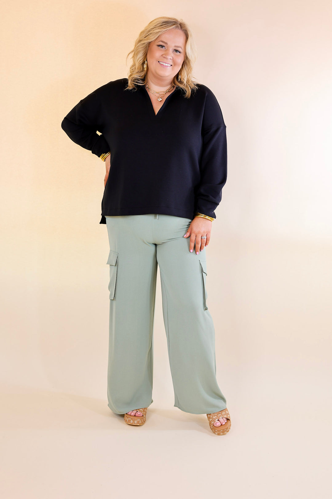 Sunday Stroll Wide Leg Cargo Pant in Sage Green - Giddy Up Glamour Boutique
