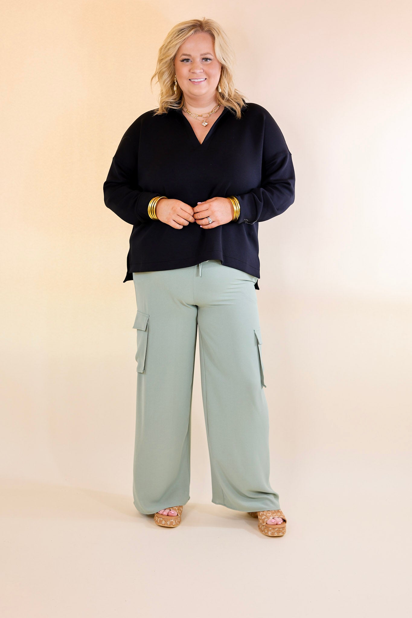 Sunday Stroll Wide Leg Cargo Pant in Sage Green - Giddy Up Glamour Boutique