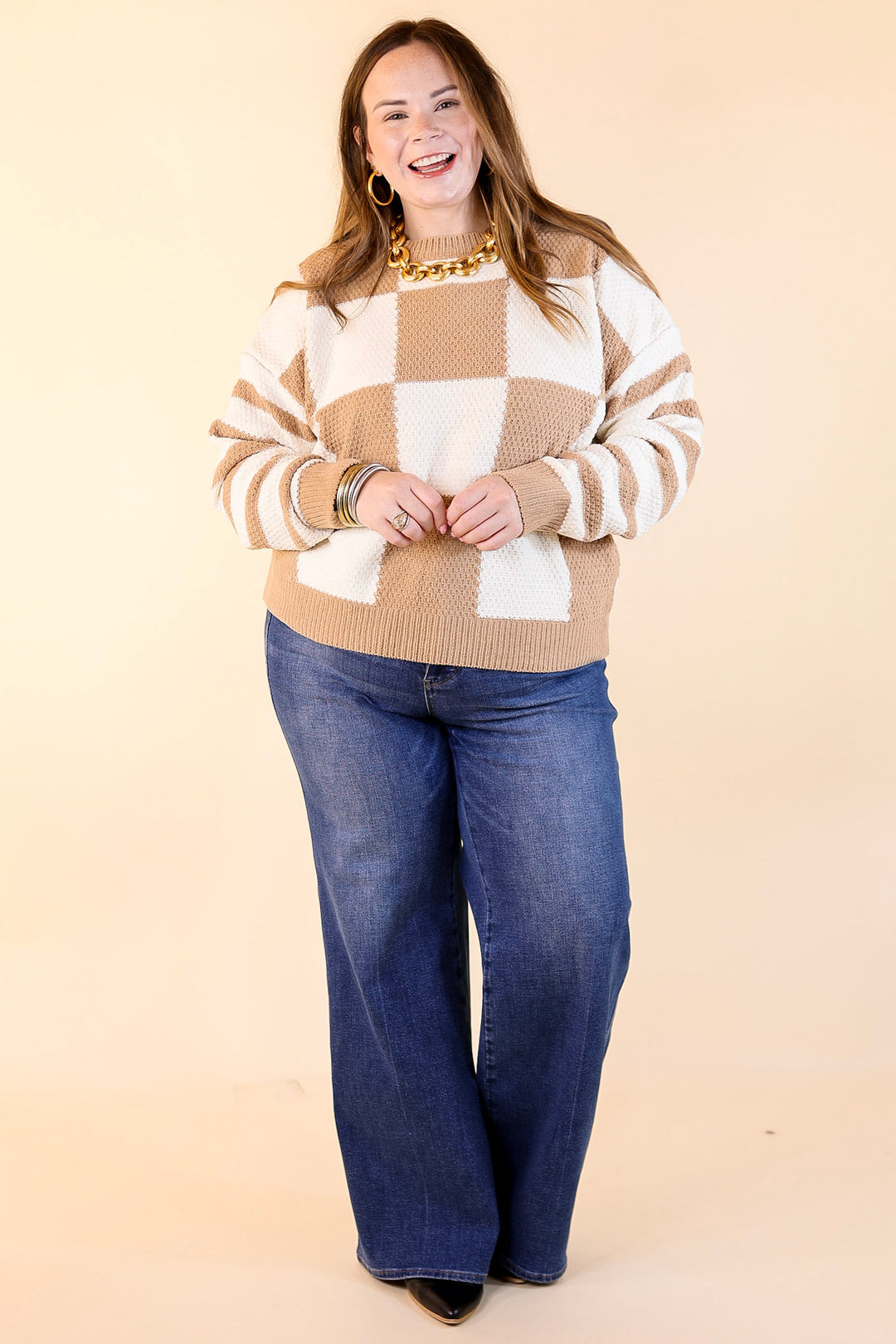 Split Decision Dual Patterned Long Sleeve Sweater in Mocha Brown