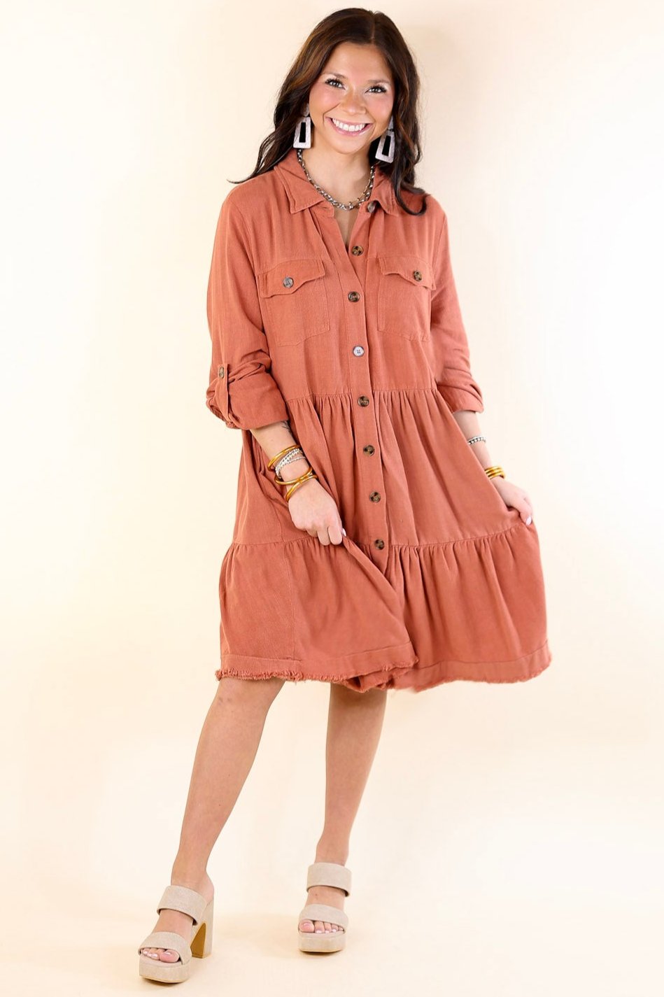 Chic Darling Ruffle Tiered Button Up Dress with Long Sleeves in Rust Orange