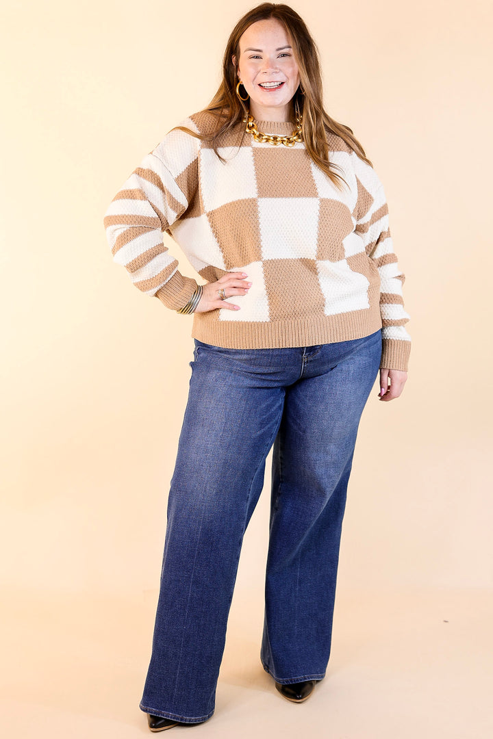 Split Decision Dual Patterned Long Sleeve Sweater in Mocha Brown
