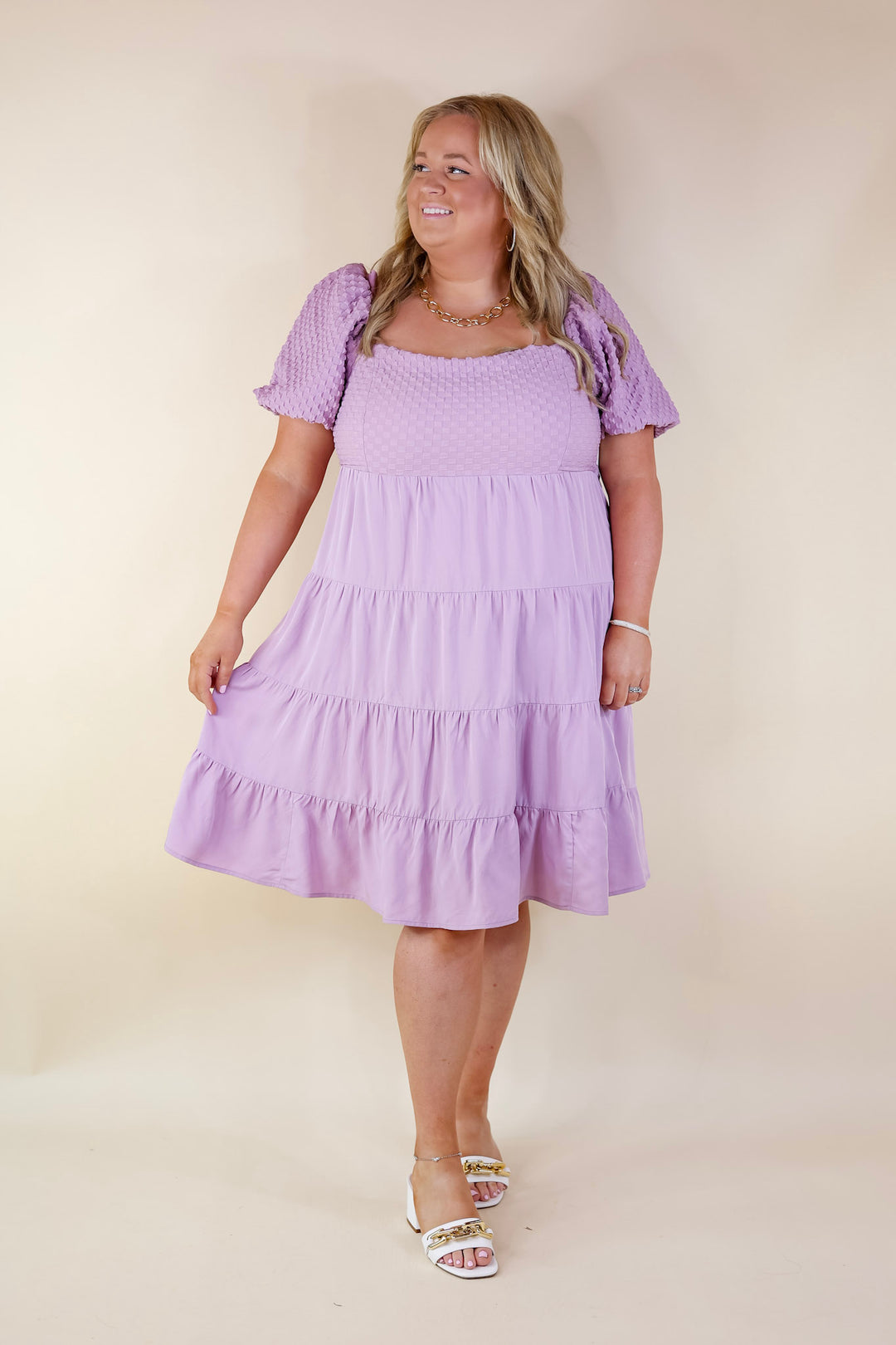 Coastal Cruising Babydoll Dress with Short Balloon Sleeves in Lavender Purple - Giddy Up Glamour Boutique