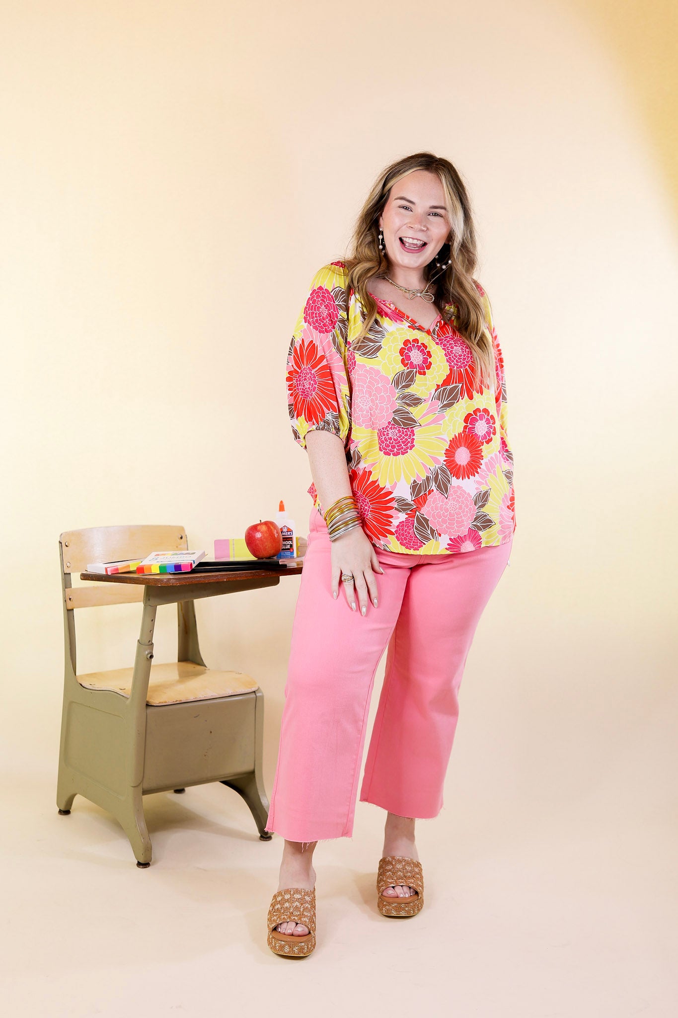 The Loveliest Day Multi Color Floral V Neck Top in Yellow