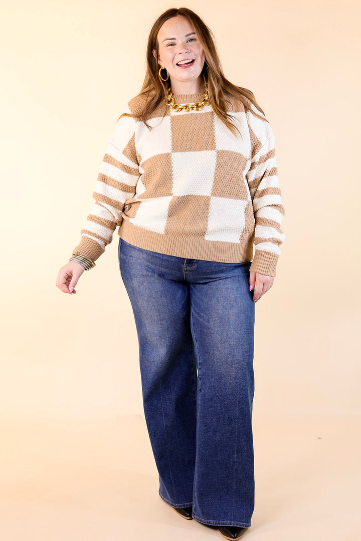 Split Decision Dual Patterned Long Sleeve Sweater in Mocha Brown