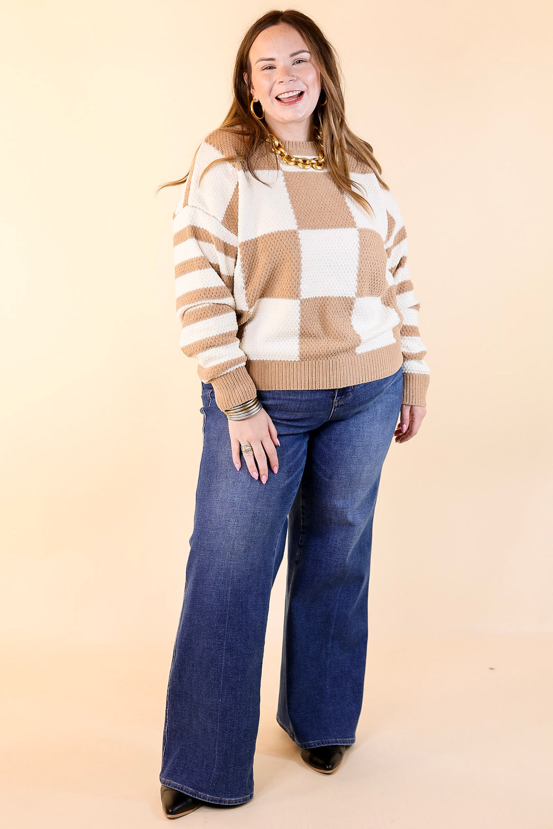 Split Decision Dual Patterned Long Sleeve Sweater in Mocha Brown