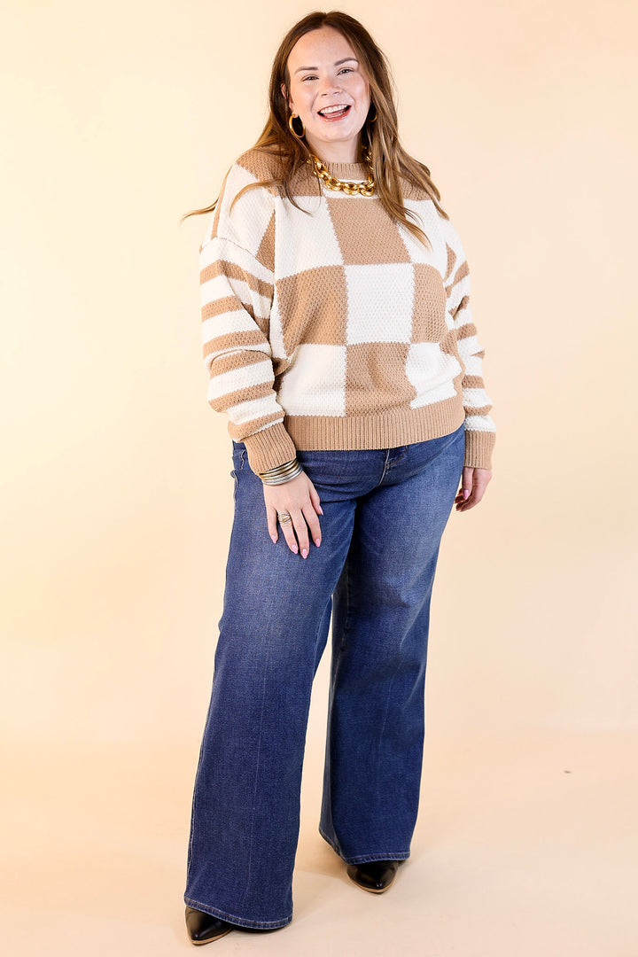 Split Decision Dual Patterned Long Sleeve Sweater in Mocha Brown