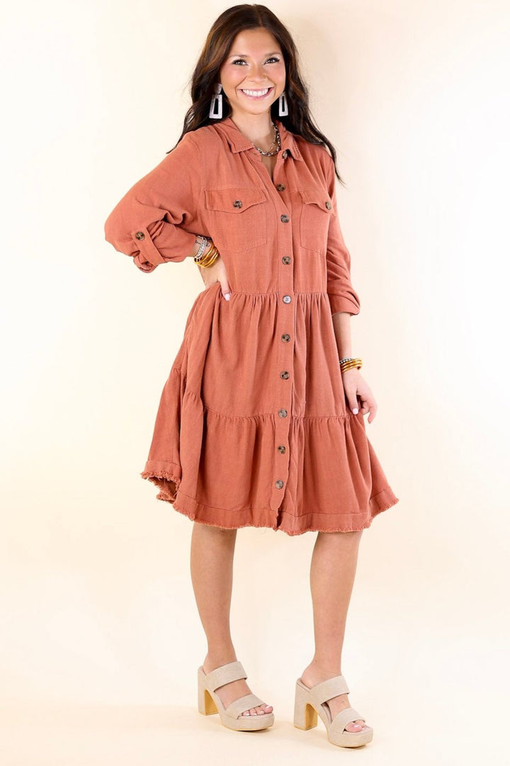Chic Darling Ruffle Tiered Button Up Dress with Long Sleeves in Rust Orange