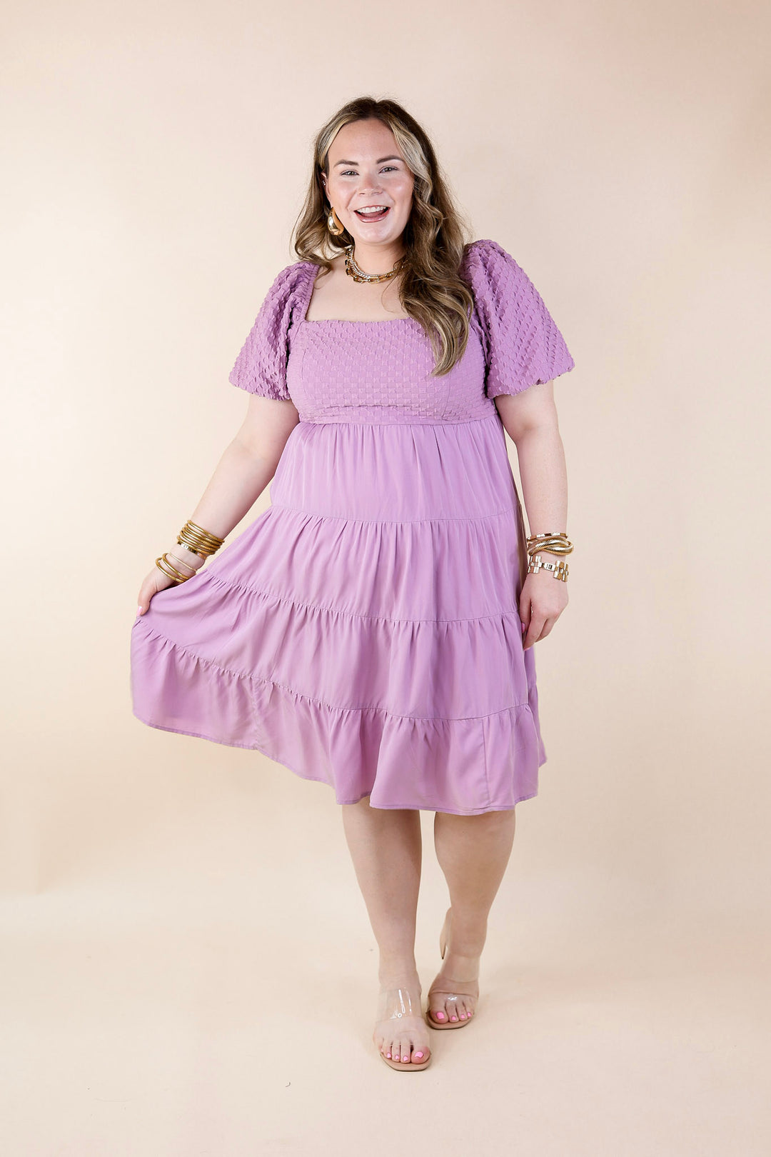 Coastal Cruising Babydoll Dress with Short Balloon Sleeves in Lavender Purple - Giddy Up Glamour Boutique