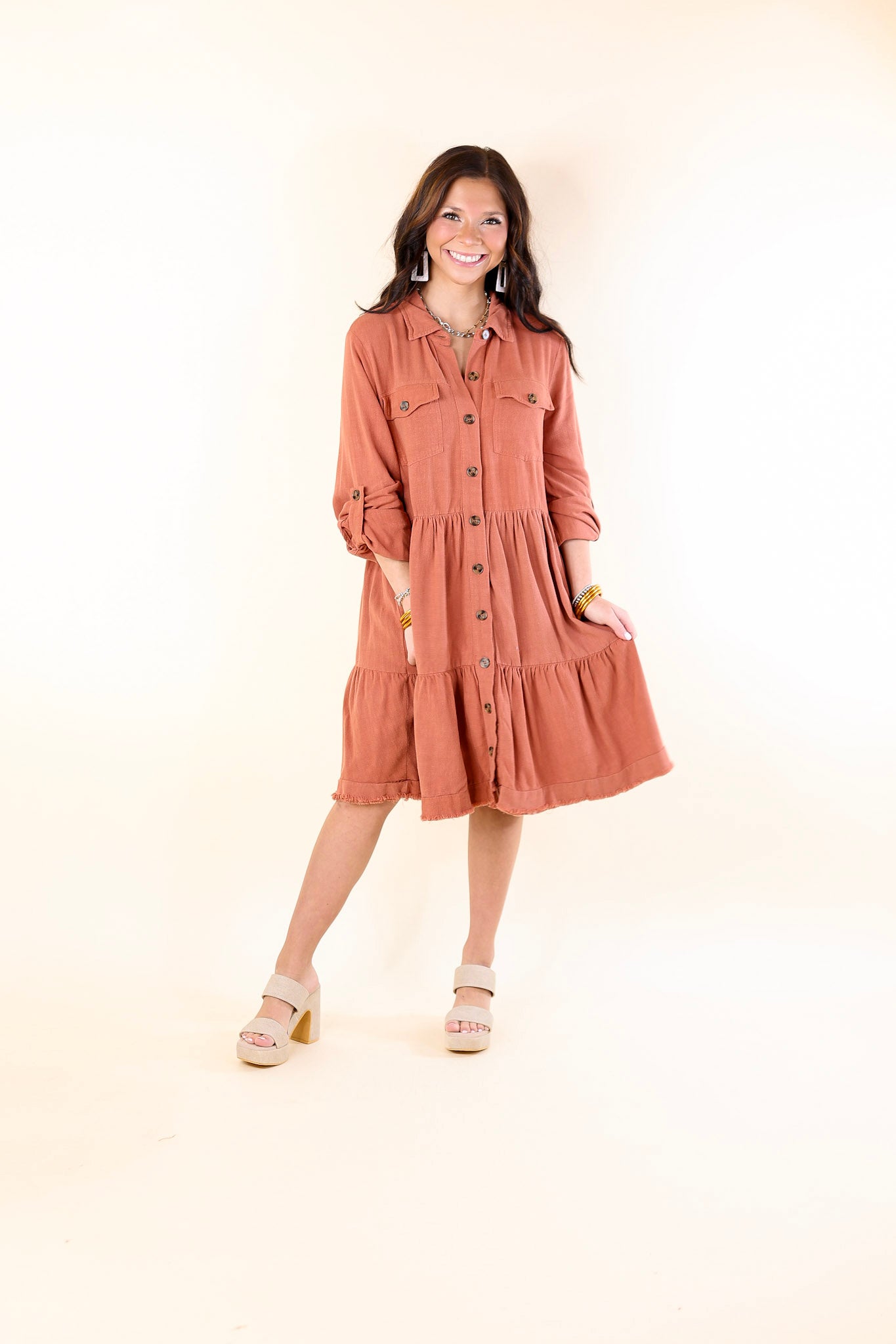 Chic Darling Ruffle Tiered Button Up Dress with Long Sleeves in Rust Orange