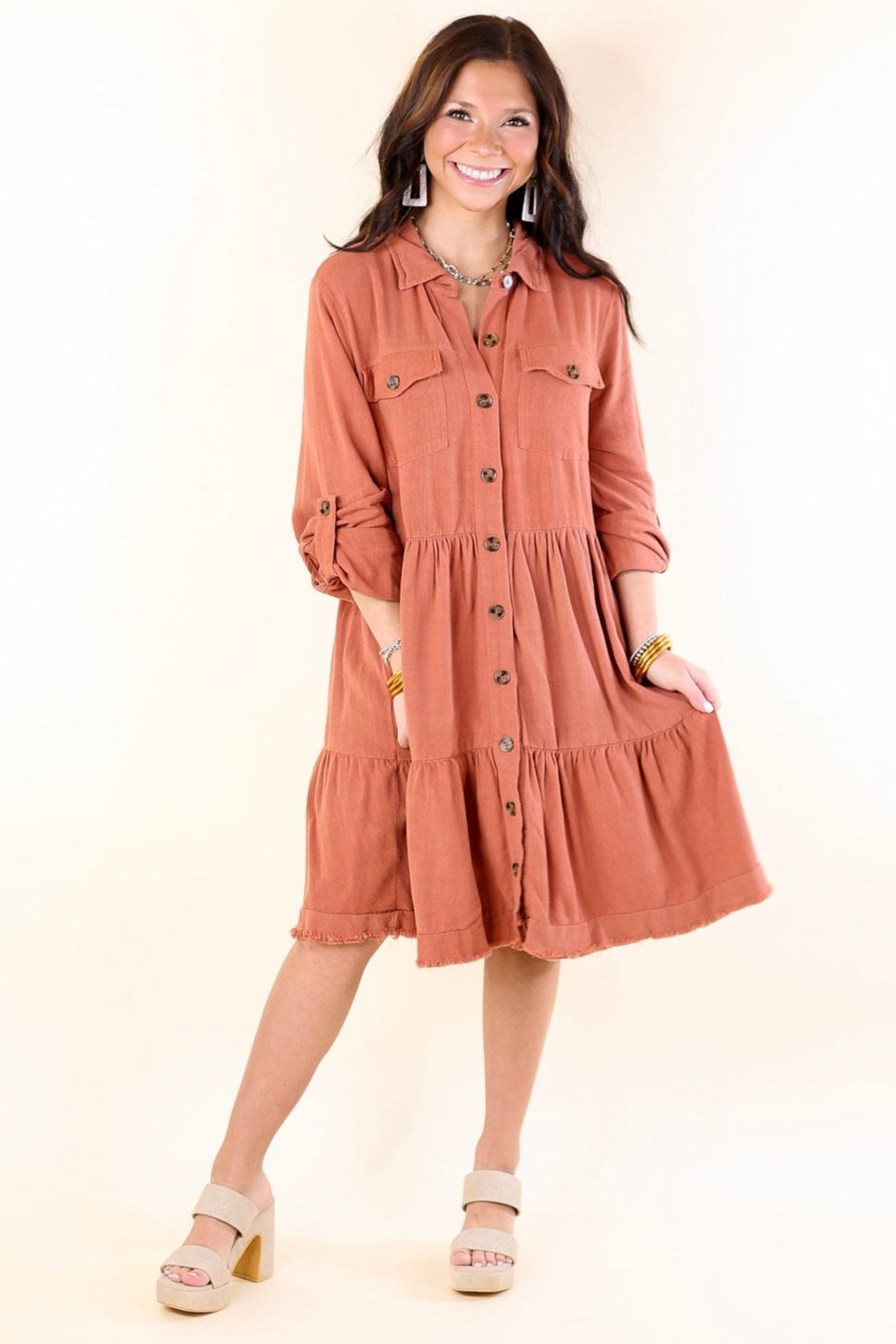 Chic Darling Ruffle Tiered Button Up Dress with Long Sleeves in Rust Orange