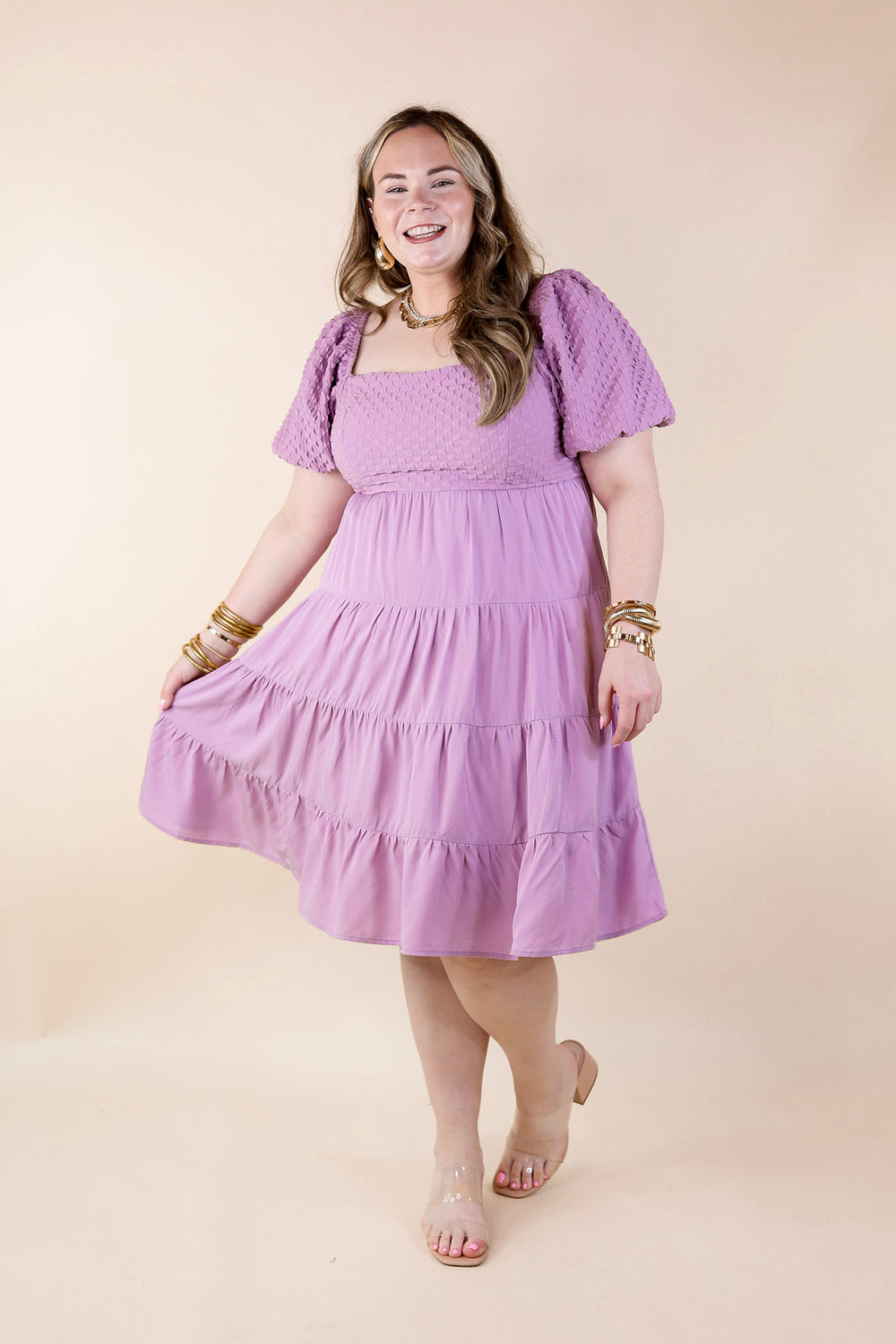 Coastal Cruising Babydoll Dress with Short Balloon Sleeves in Lavender Purple Coastal Cruising Babydoll Dress with Short Balloon Sleeves in Lavender Purple