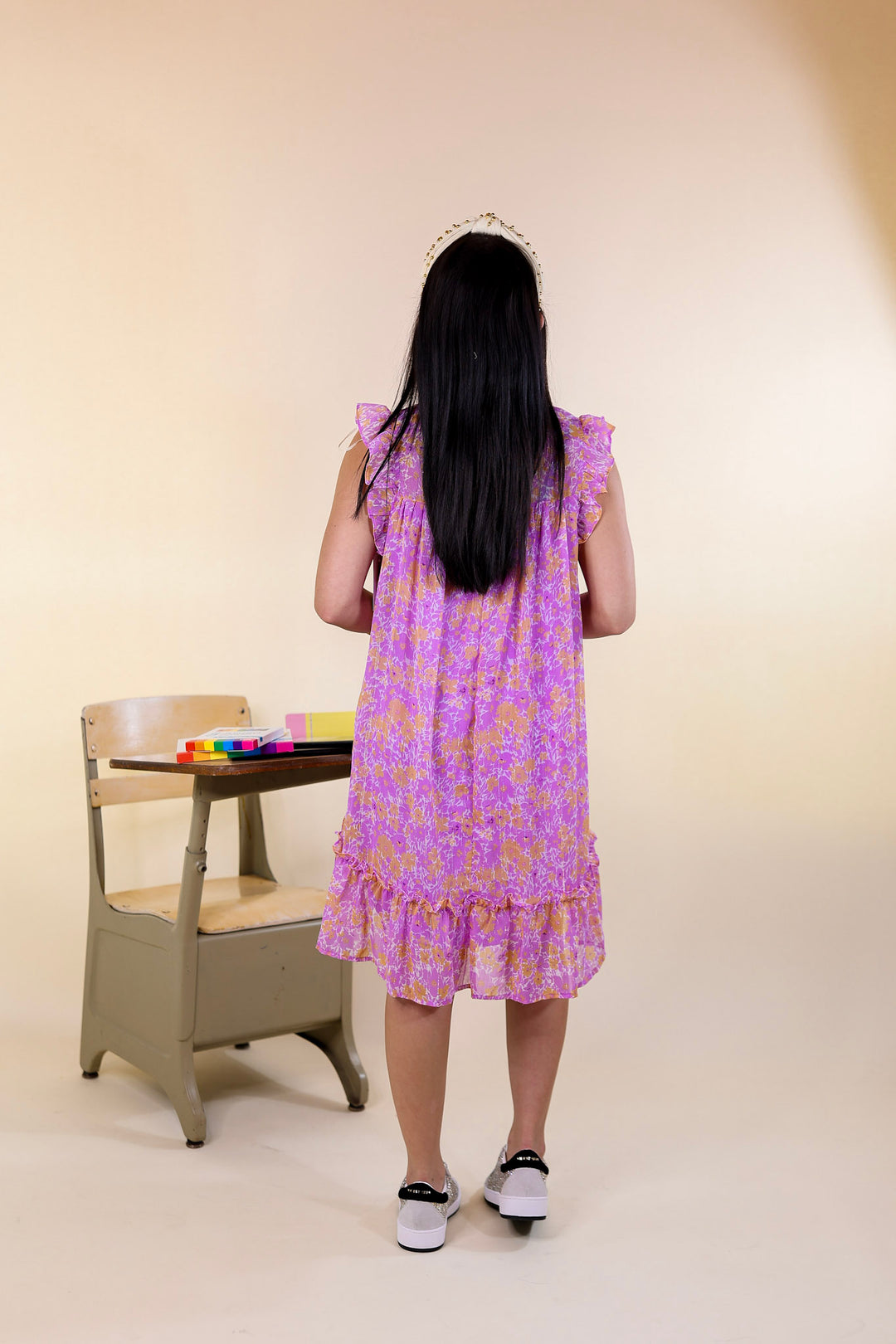 New To The Scene Floral Dress with Ruffle Cap Sleeves in Purple and Orange