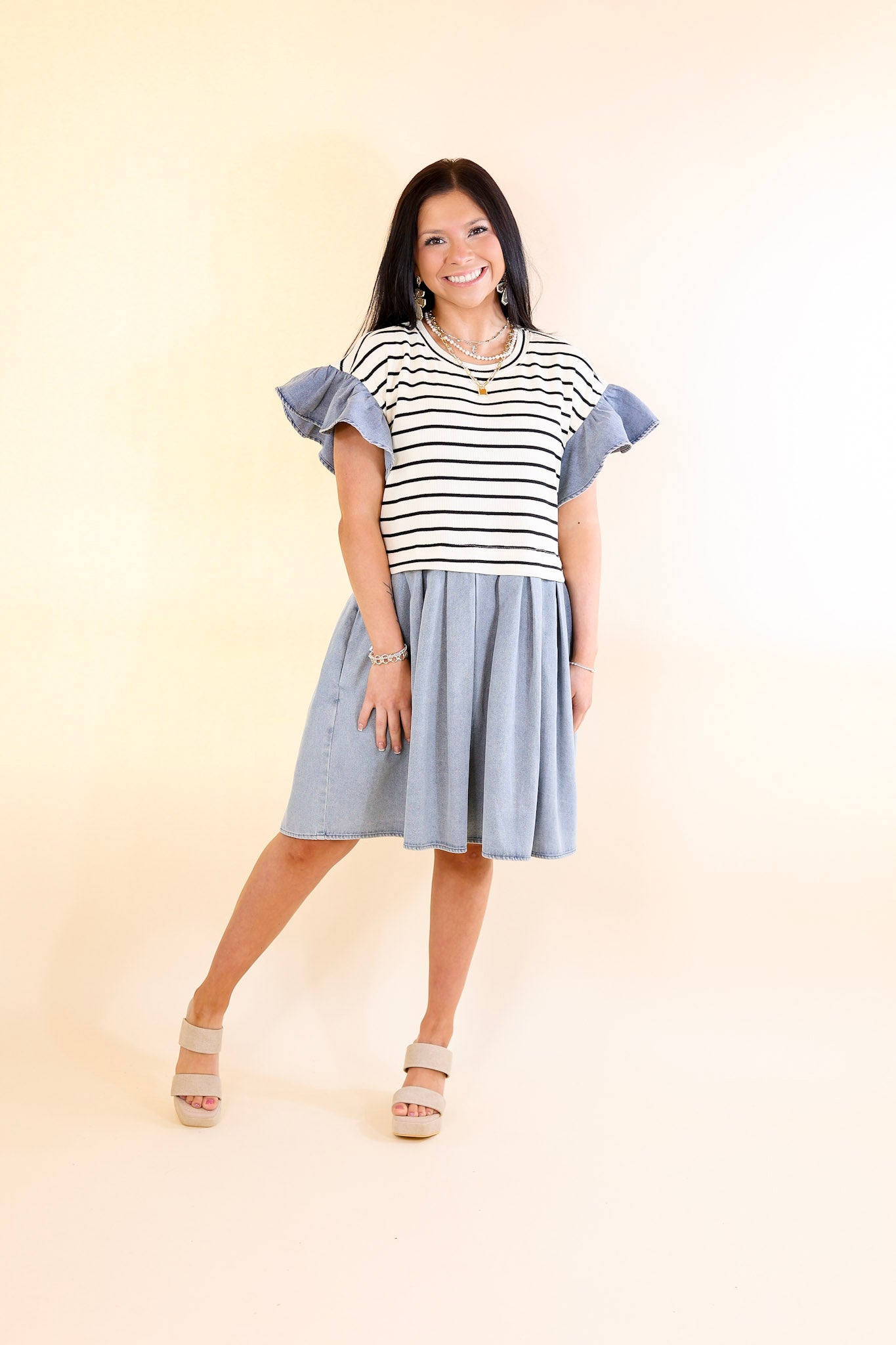 Denim Duo Striped Dress in Cream and Black with Denim - Giddy Up Glamour Boutique