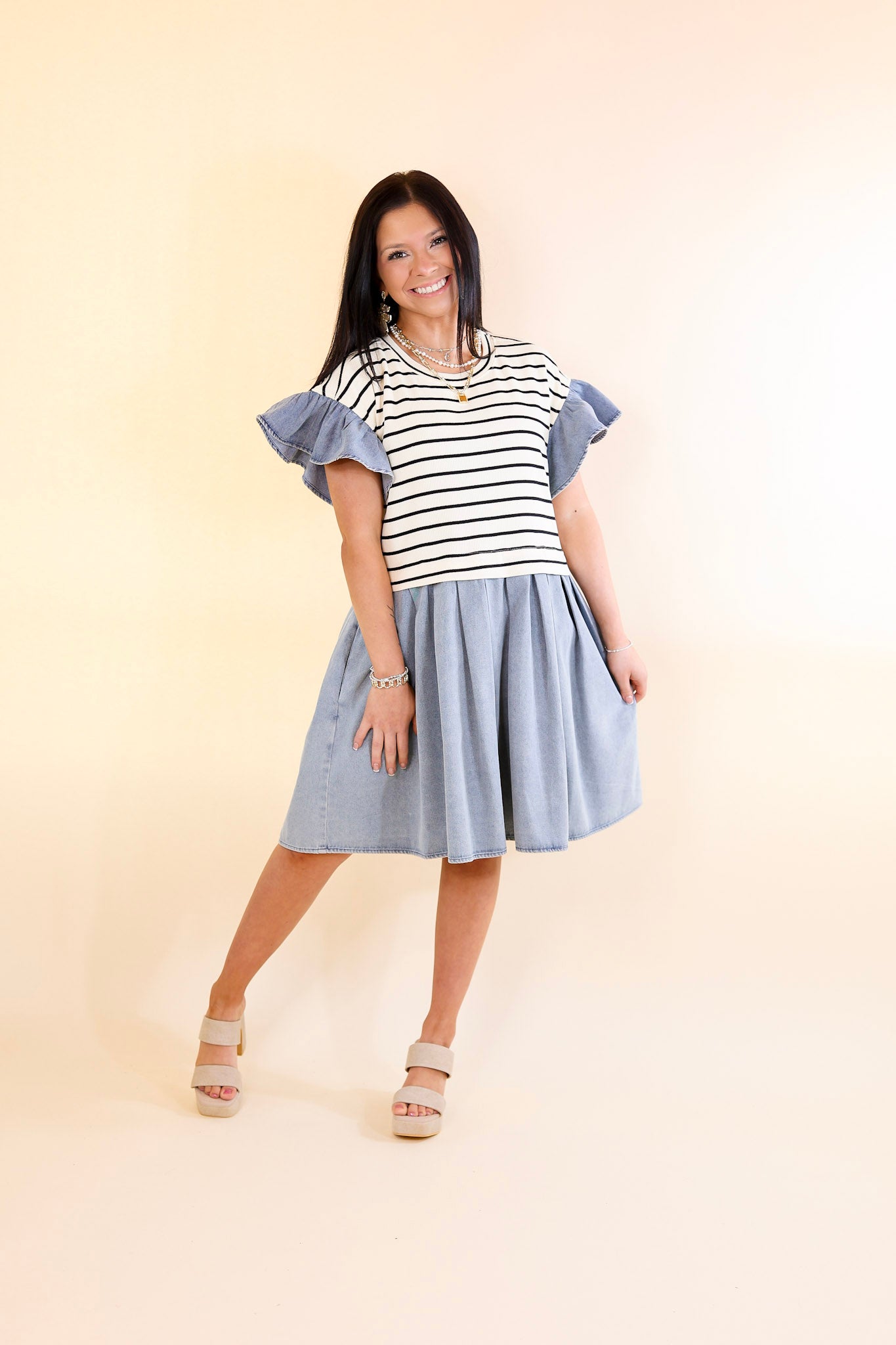 Denim Duo Striped Dress in Cream and Black with Denim - Giddy Up Glamour Boutique