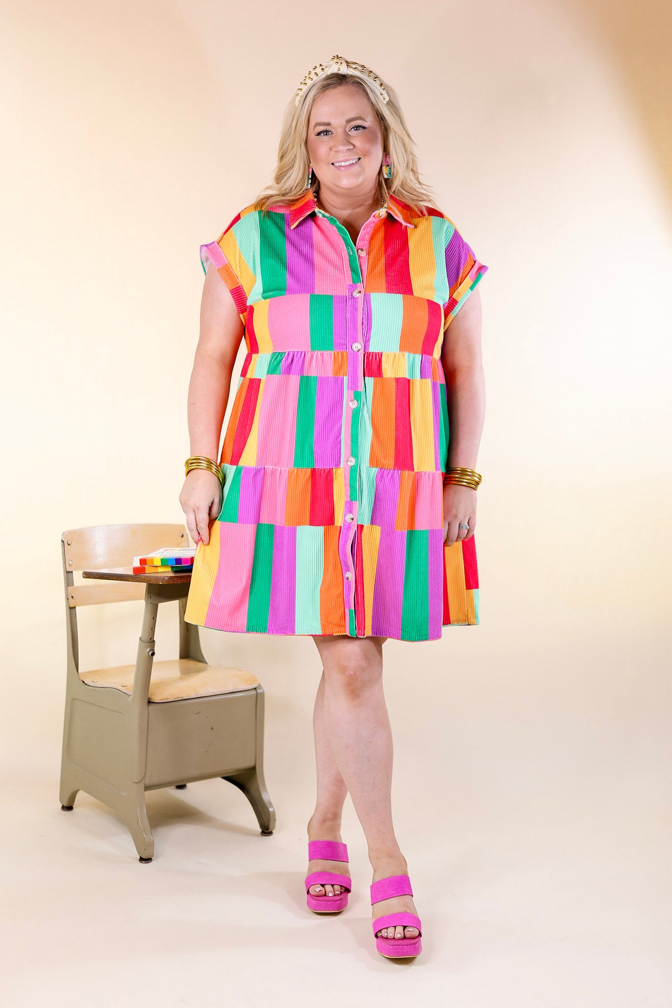 Appreciate You Color Block Corduroy Button Up Dress in Multi