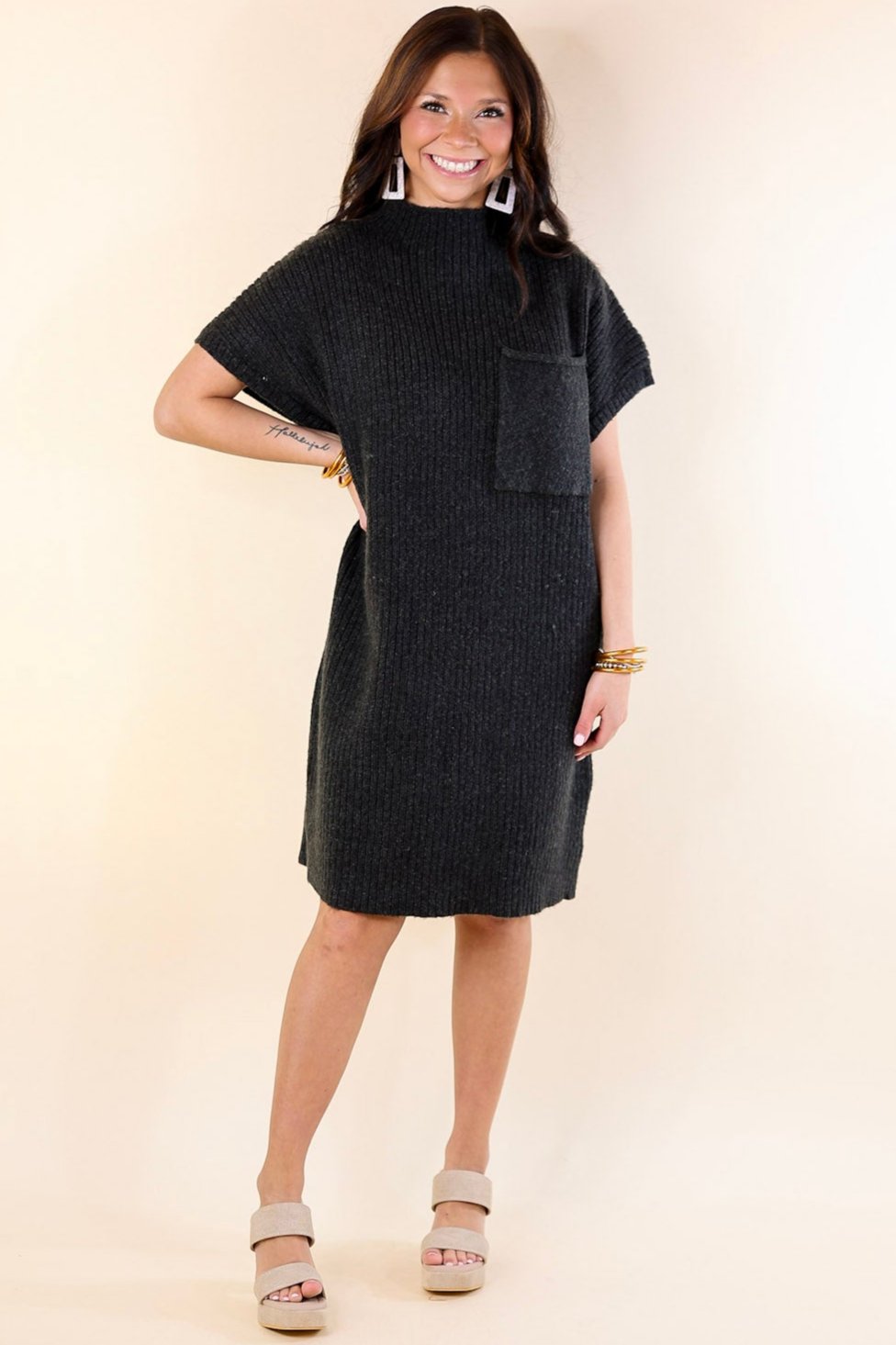 City Sights Cap Sleeve Sweater Dress in Charcoal Black