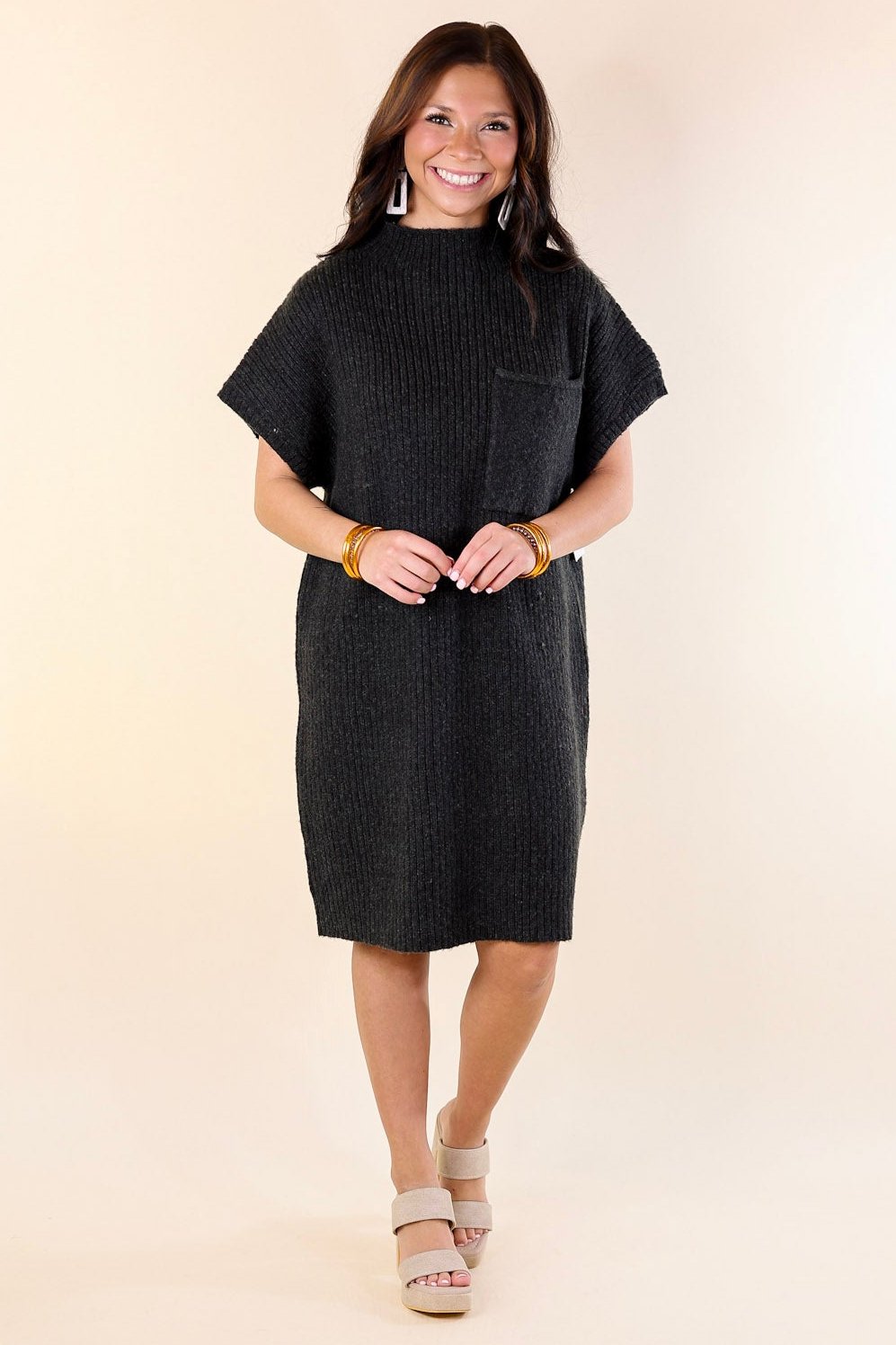 City Sights Cap Sleeve Sweater Dress in Charcoal Black