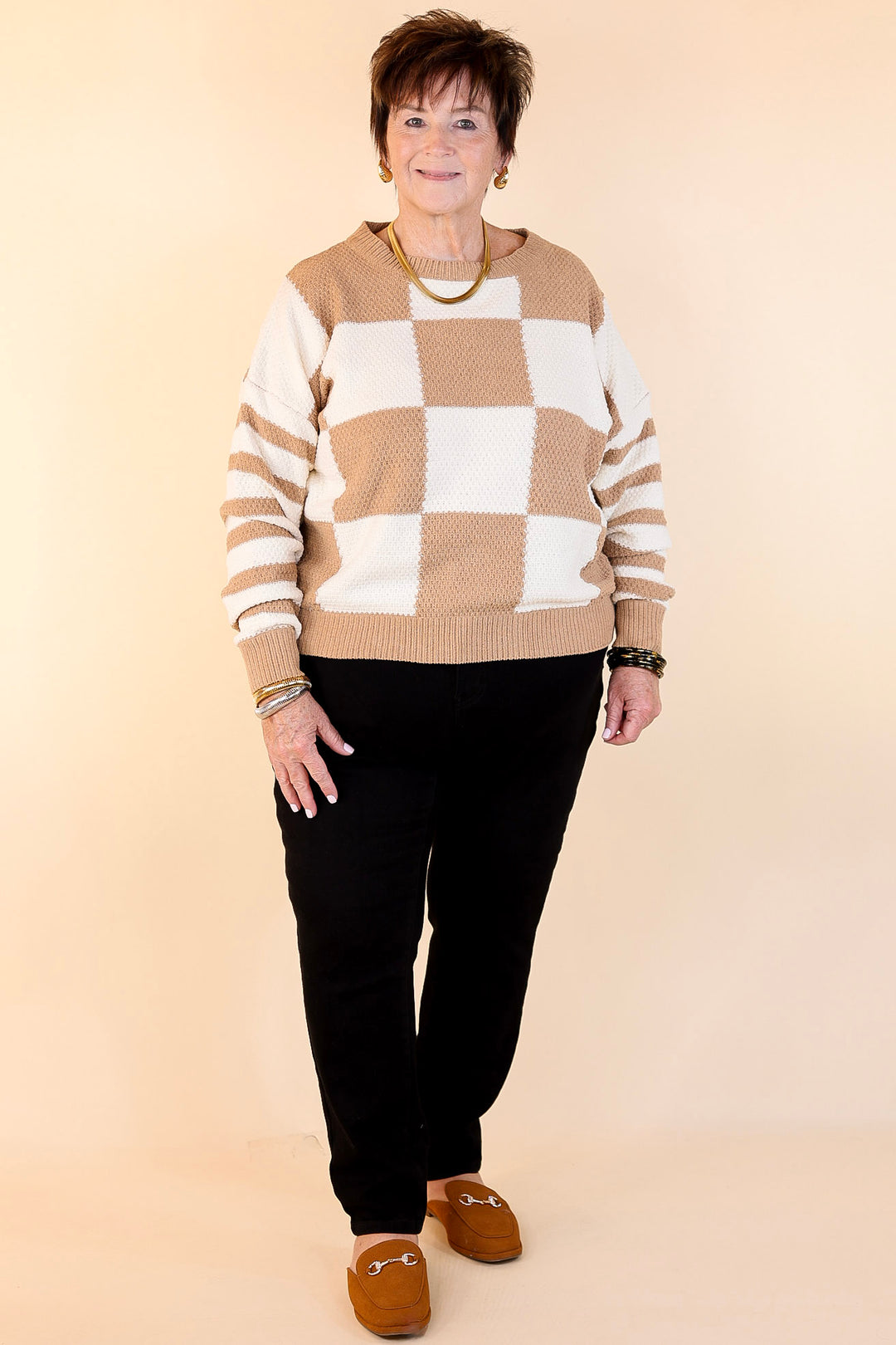 Split Decision Dual Patterned Long Sleeve Sweater in Mocha Brown