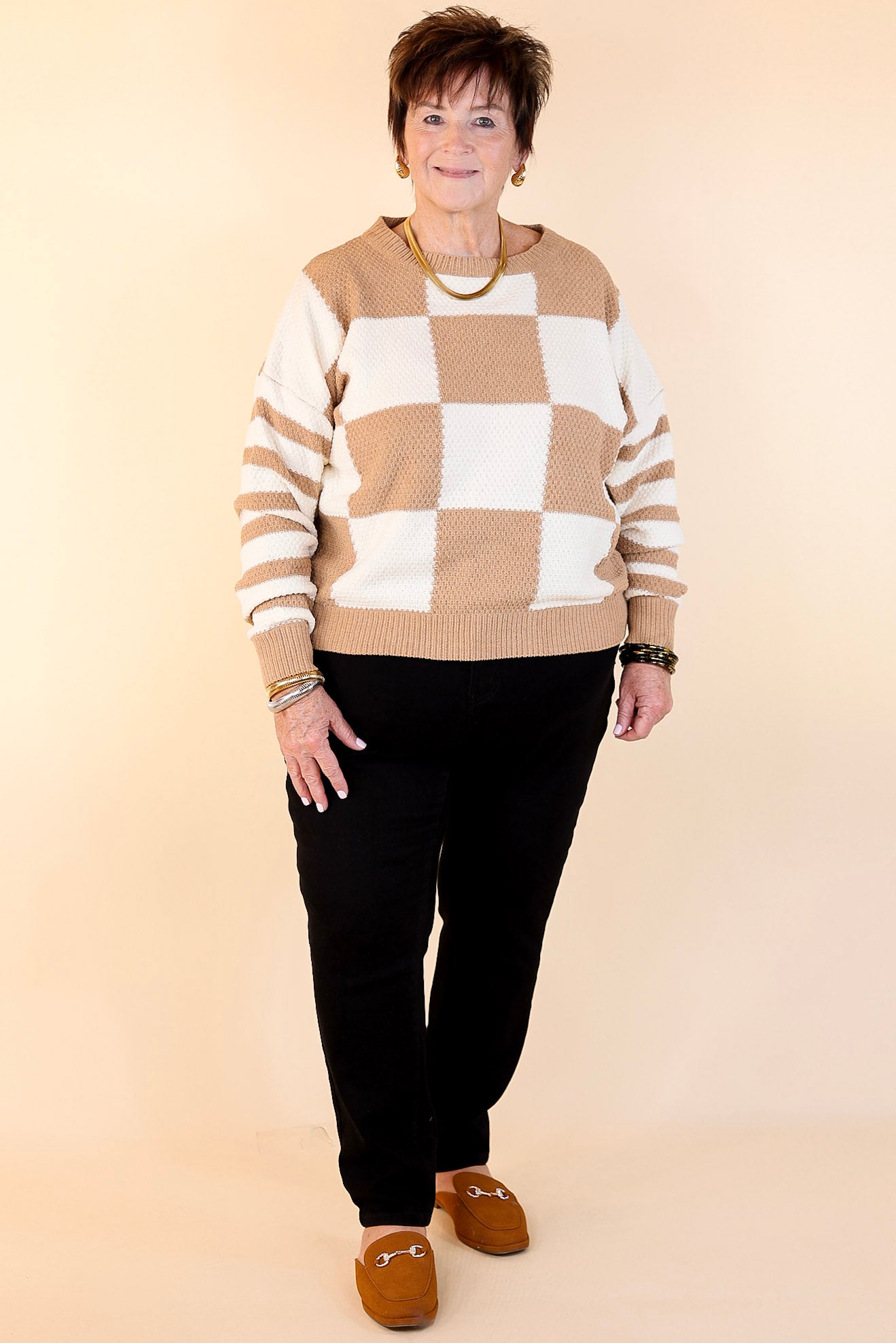 Split Decision Dual Patterned Long Sleeve Sweater in Mocha Brown