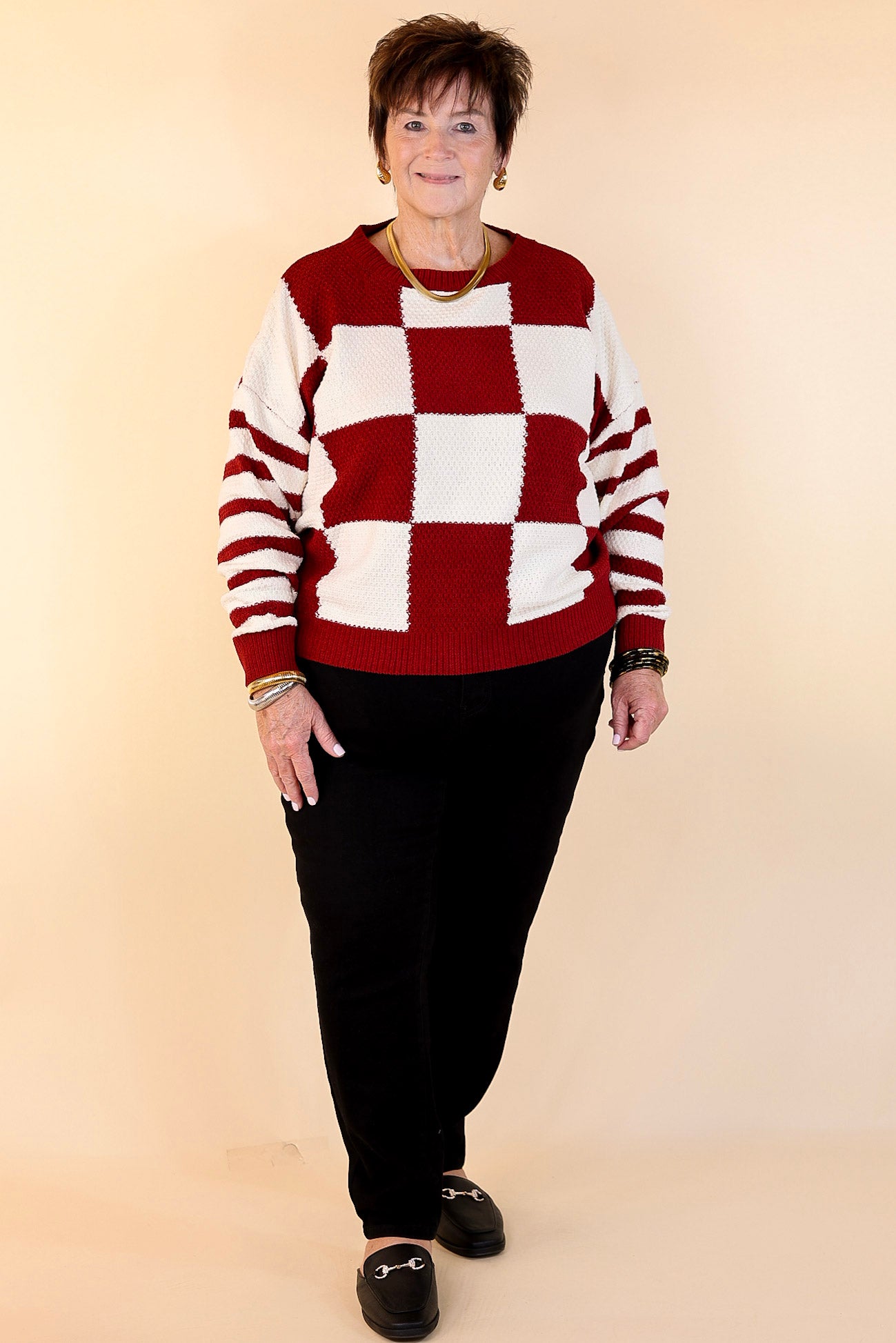 Split Decision Dual Patterned Long Sleeve Sweater in Maroon