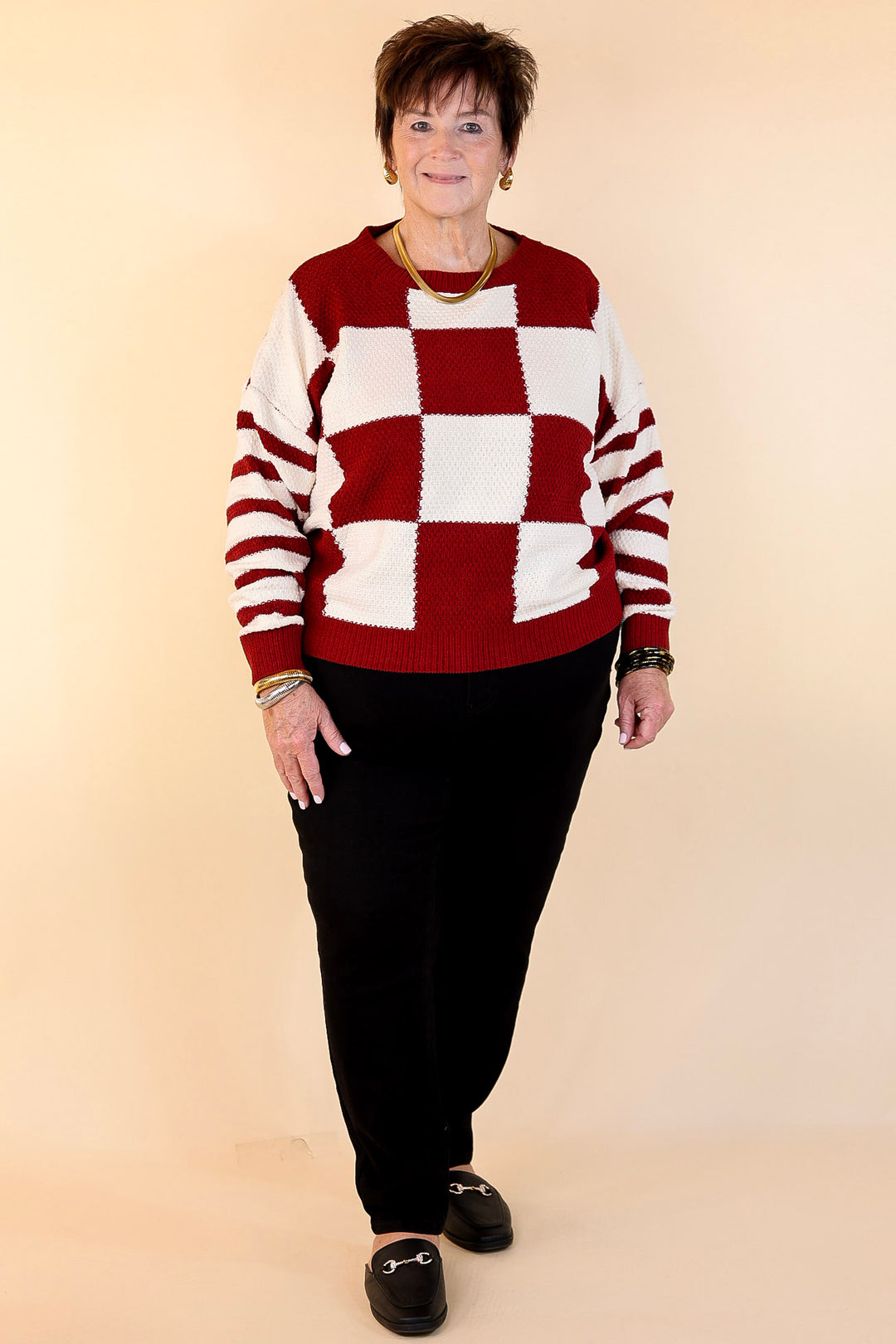 Split Decision Dual Patterned Long Sleeve Sweater in Maroon