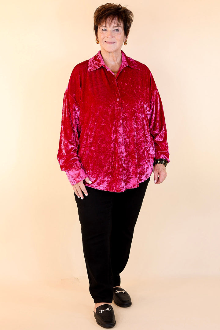 Frosted Glow Velvet Long Sleeve Button Up Top in Magenta Pink
