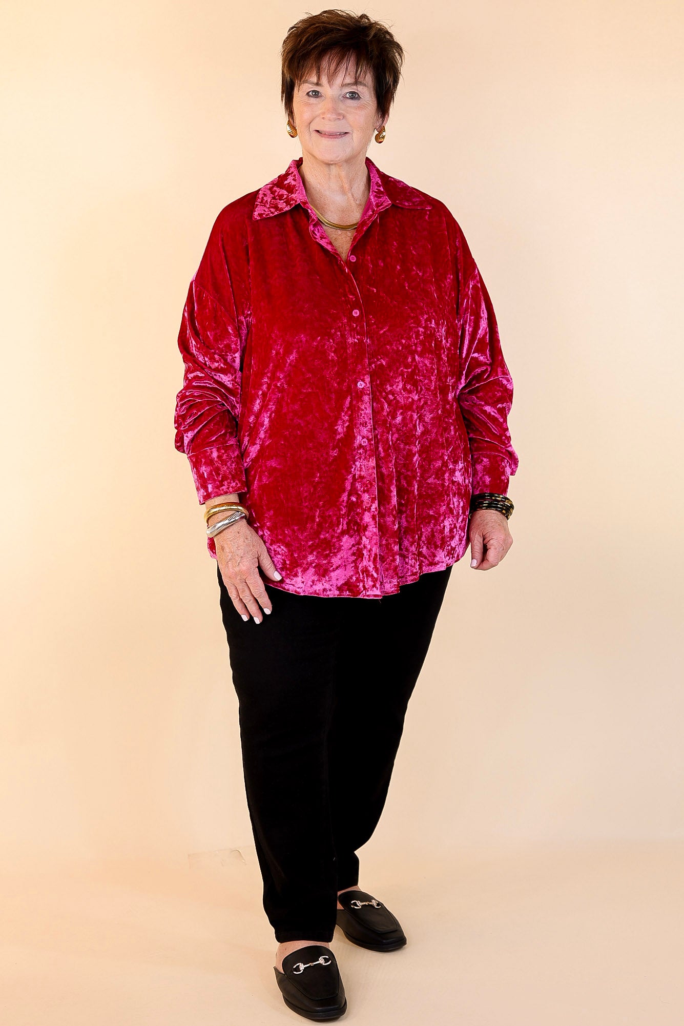 Frosted Glow Velvet Long Sleeve Button Up Top in Magenta Pink