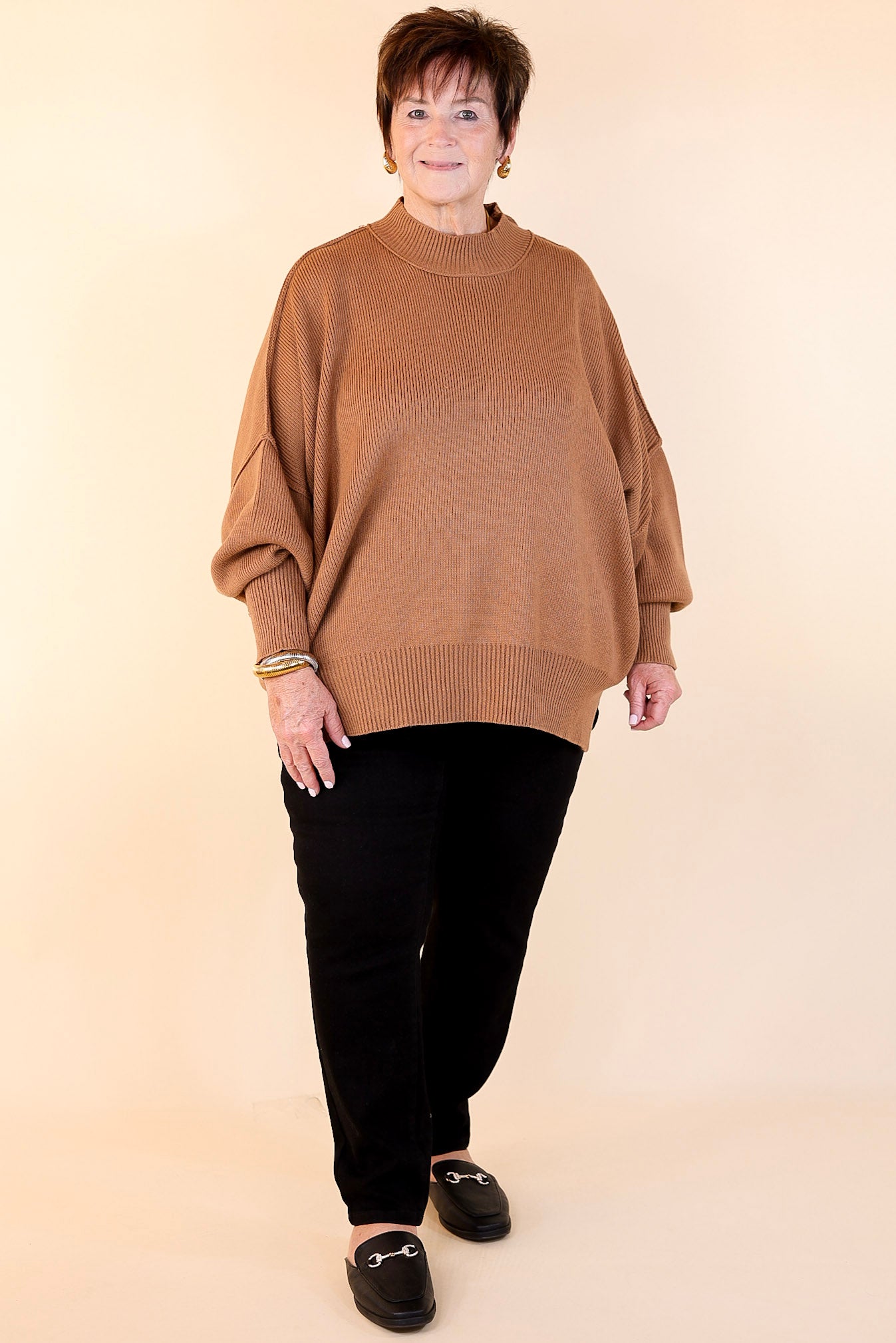 Snug and Stylish Mock Neck Sweater with Side Slit in Camel Brown