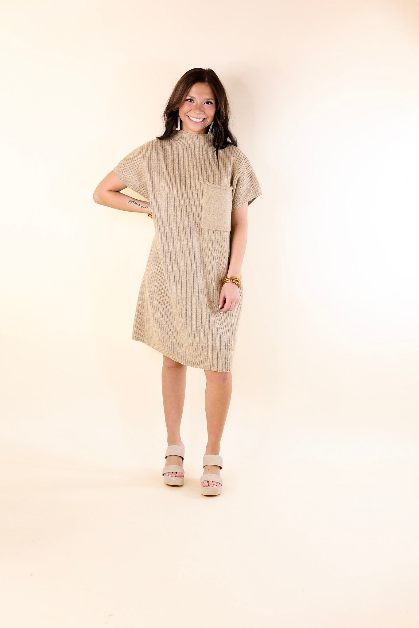 City Sights Cap Sleeve Sweater Dress in Oatmeal Beige