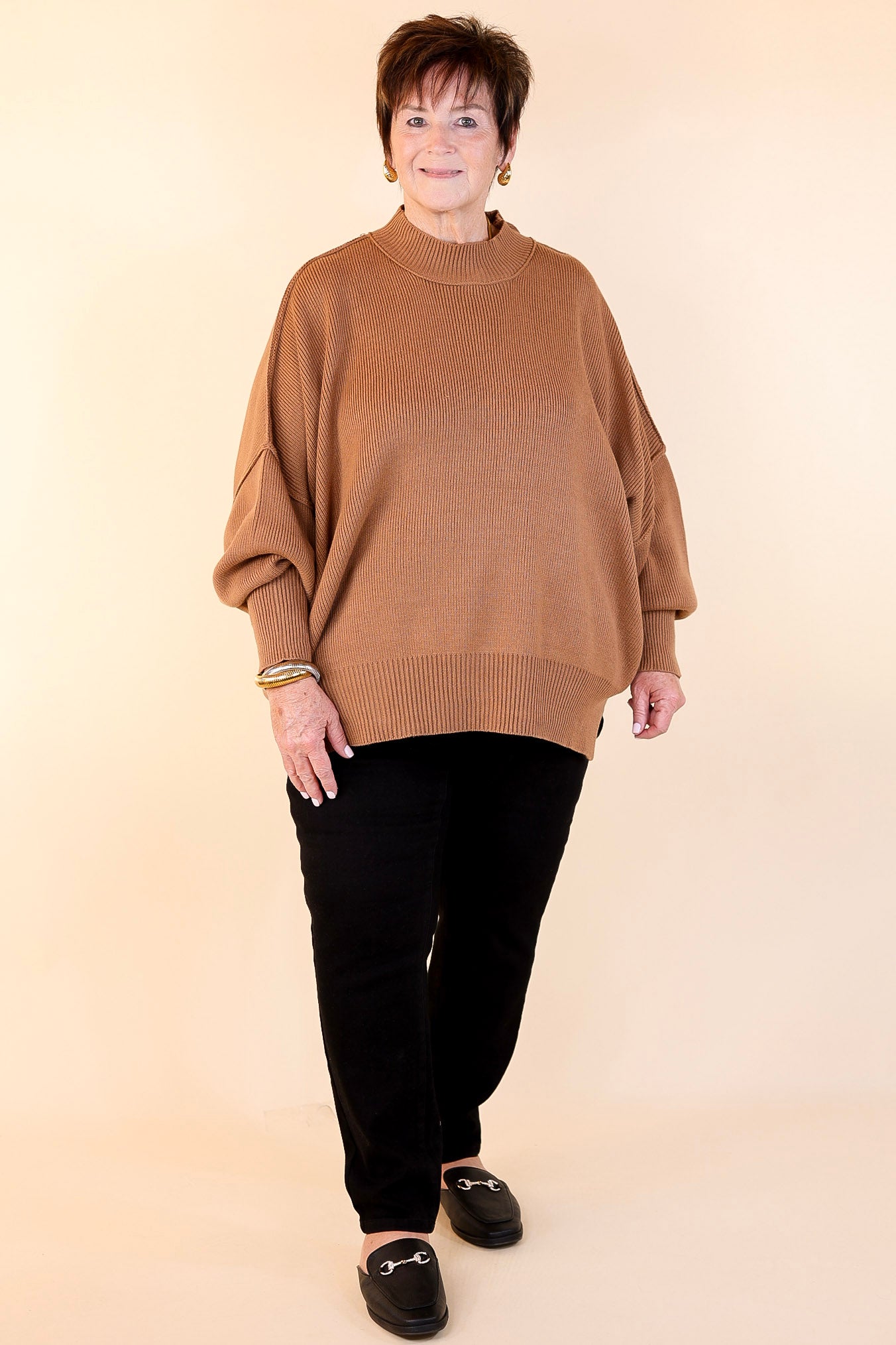 Snug and Stylish Mock Neck Sweater with Side Slit in Camel Brown