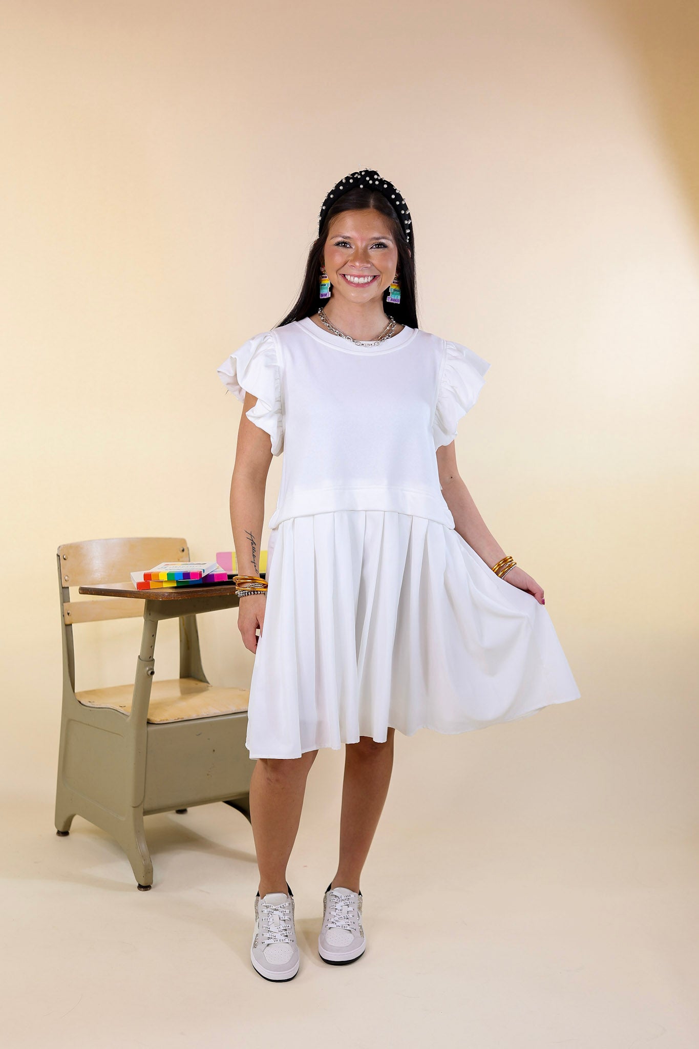 Simple Sophistication Solid Color Dress with Ruffle Cap Sleeves in Off White