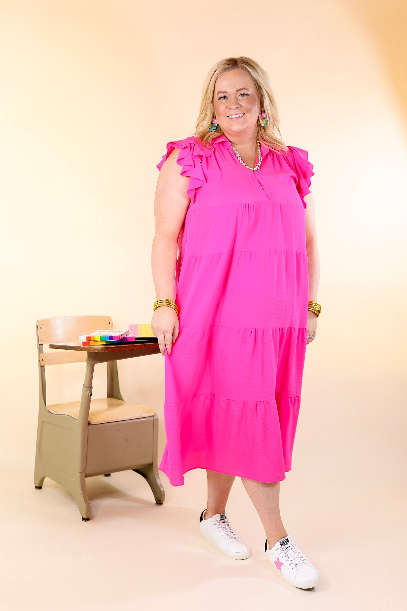 All Of A Sudden Tiered Midi Dress with Ruffle Cap Sleeves in Hot Pink