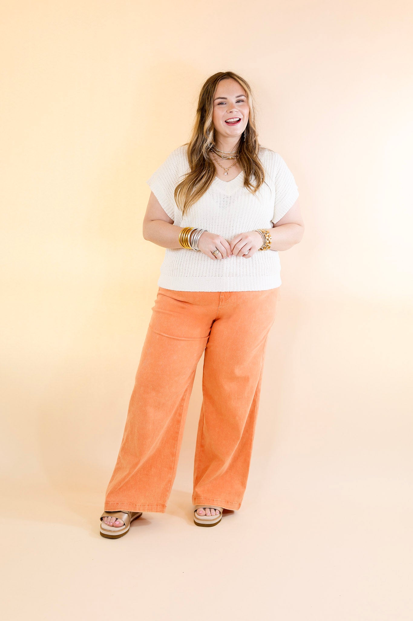 The Best Cropped Wide Leg Jeans in Apricot Orange - Giddy Up Glamour Boutique
