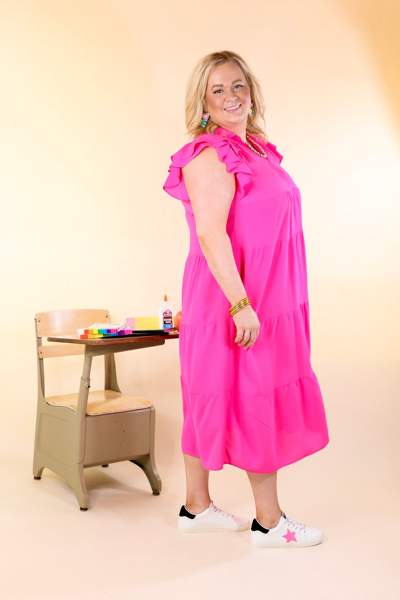 All Of A Sudden Tiered Midi Dress with Ruffle Cap Sleeves in Hot Pink