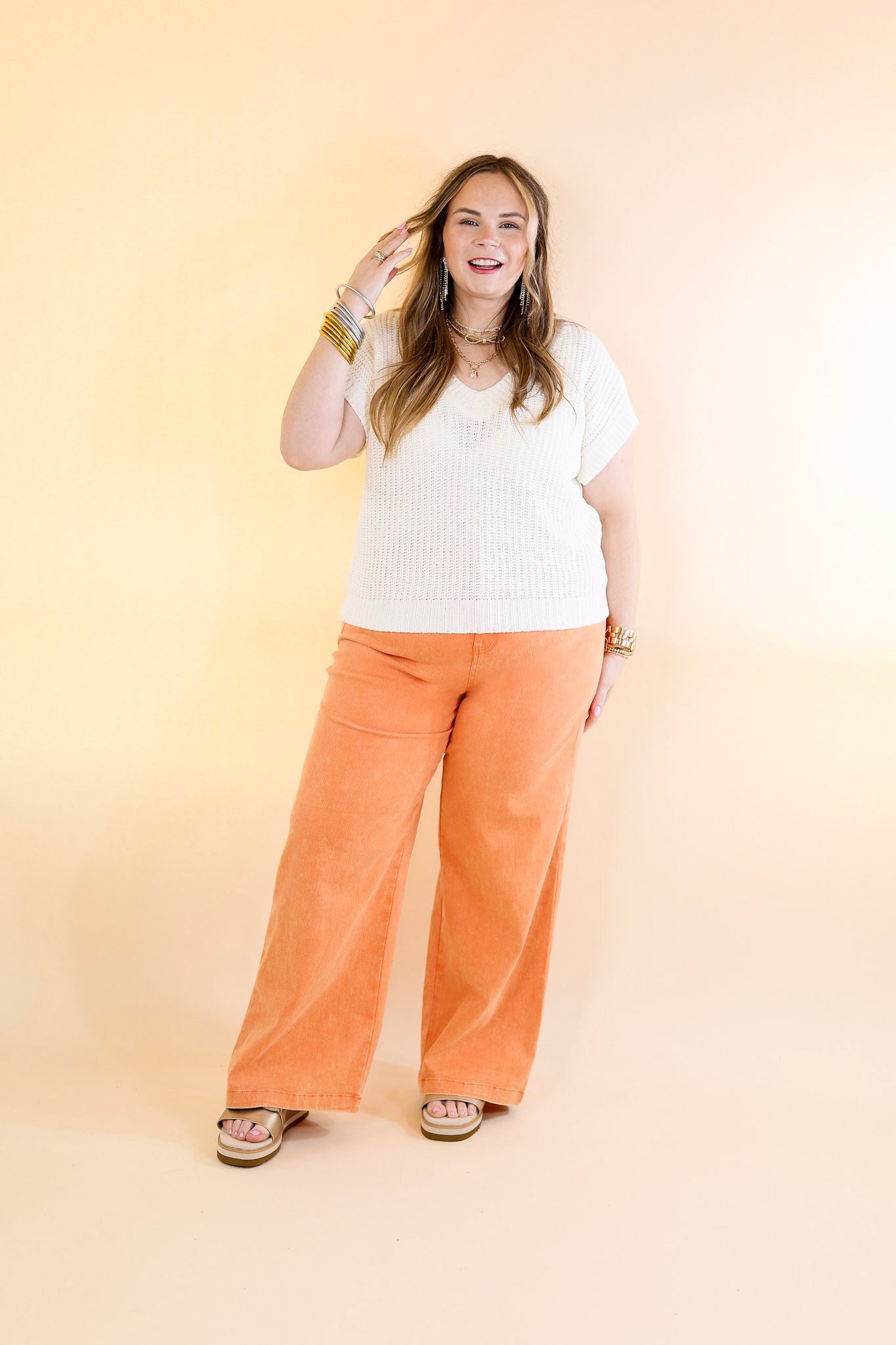 The Best Cropped Wide Leg Jeans in Apricot Orange - Giddy Up Glamour Boutique